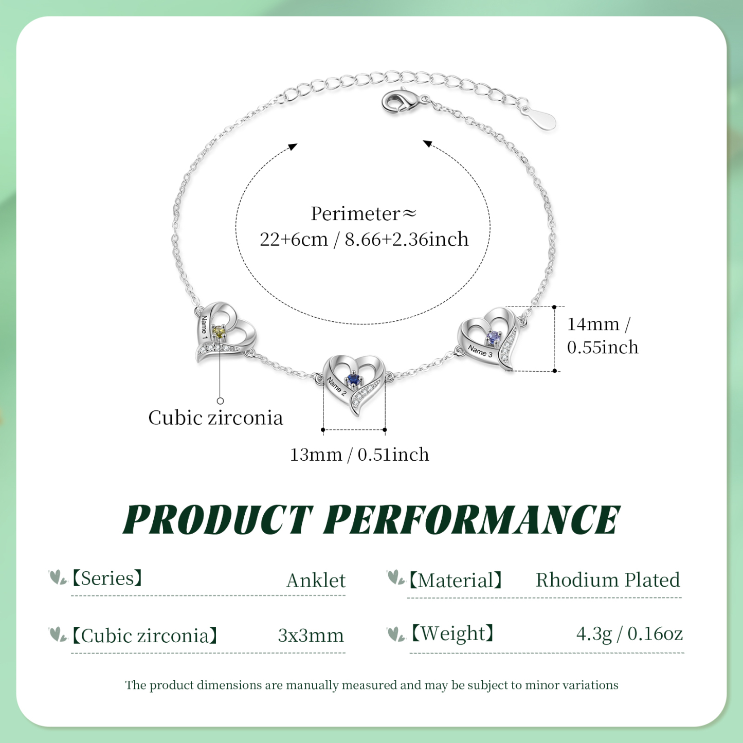 Bracelet de Cheville Personnalisés avec 3 Prénoms et Pierres de Naissance Cheville en forme de Cœur pour Femme｜Jessemade