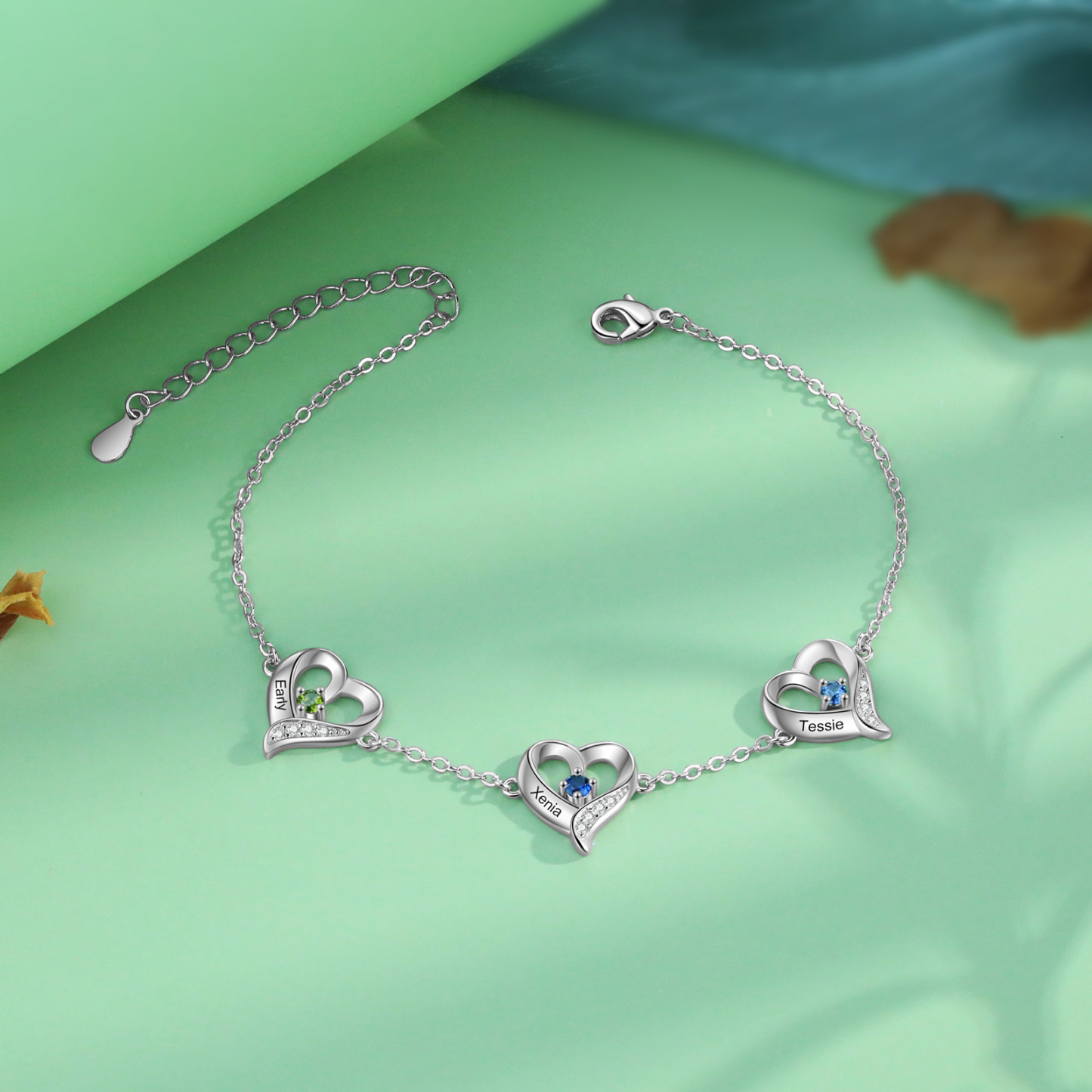 Bracelet de Cheville Personnalisés avec 3 Prénoms et Pierres de Naissance Cheville en forme de Cœur pour Femme｜Jessemade