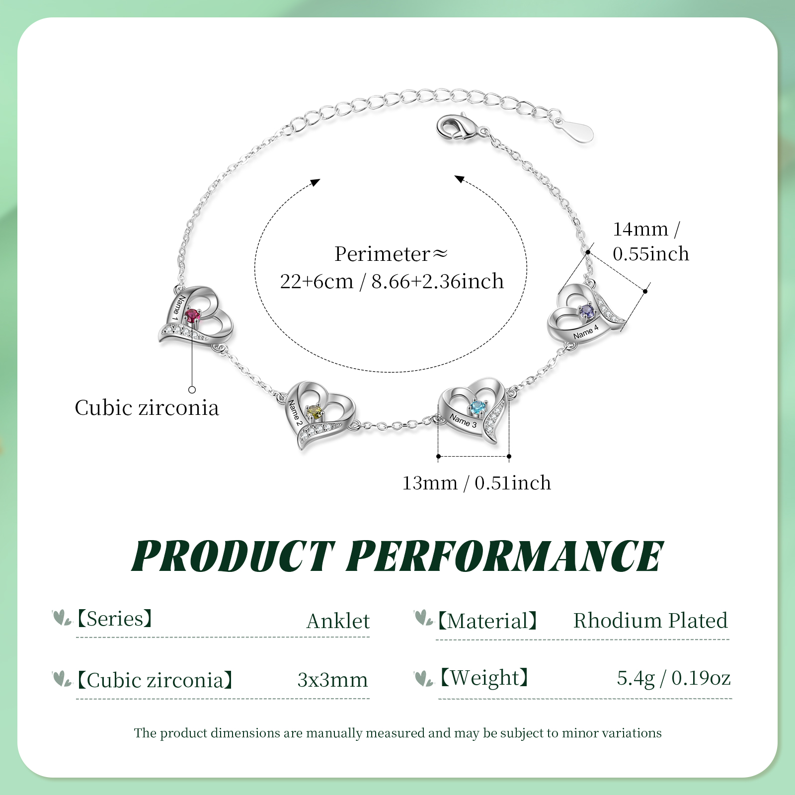 Bracelet de Cheville Personnalisés avec 4 Prénoms et Pierres de Naissance Cheville en forme de Cœur pour Femme｜Jessemade