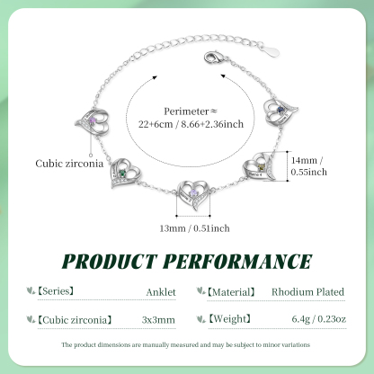 Bracelet de Cheville Personnalisés avec 5 Prénoms et Pierres de Naissance Cheville en forme de Cœur pour Femme｜Jessemade
