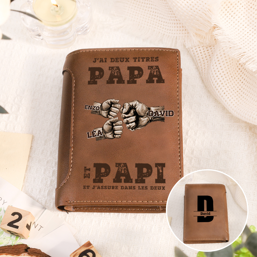 Portefeuille personnalisé gravé 2 à 7 prénoms et poings Cadeau Fête des Pères Noël pour papa ou grand père | Jessemade
