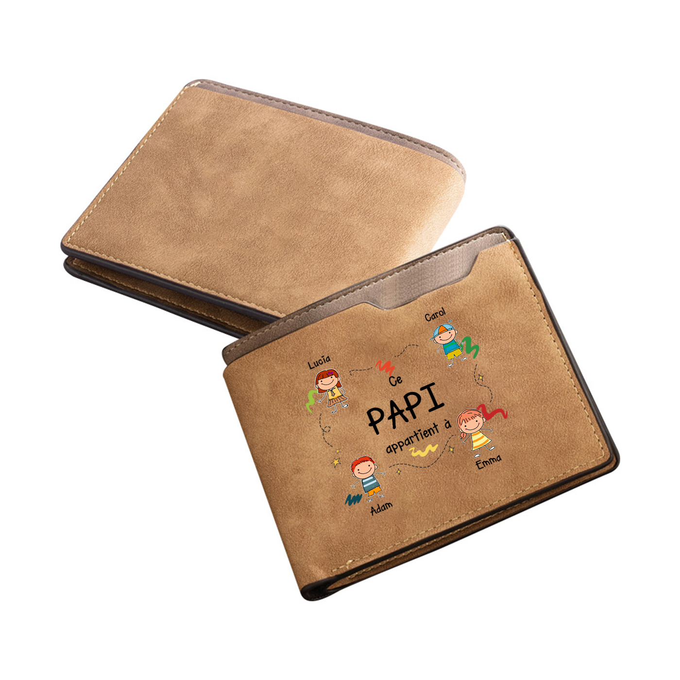 Portefeuille Cuir avec Prénoms et Dessins, Portefeuille pour Papy ou Papa