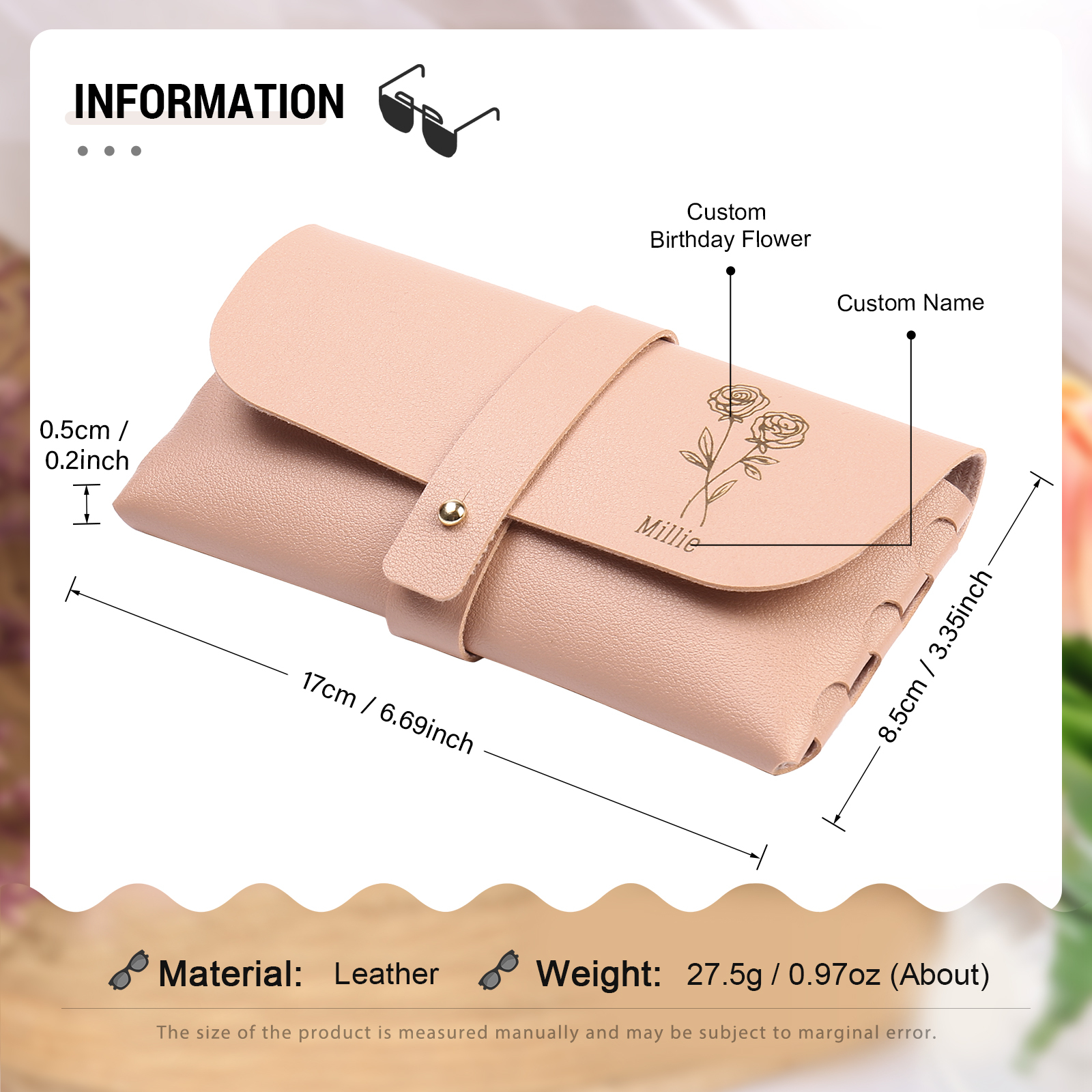 Étui à Lunettes Personnalisé en Cuir 1 Prénom personnalisé avec Fleur de Naissance | Jessemade