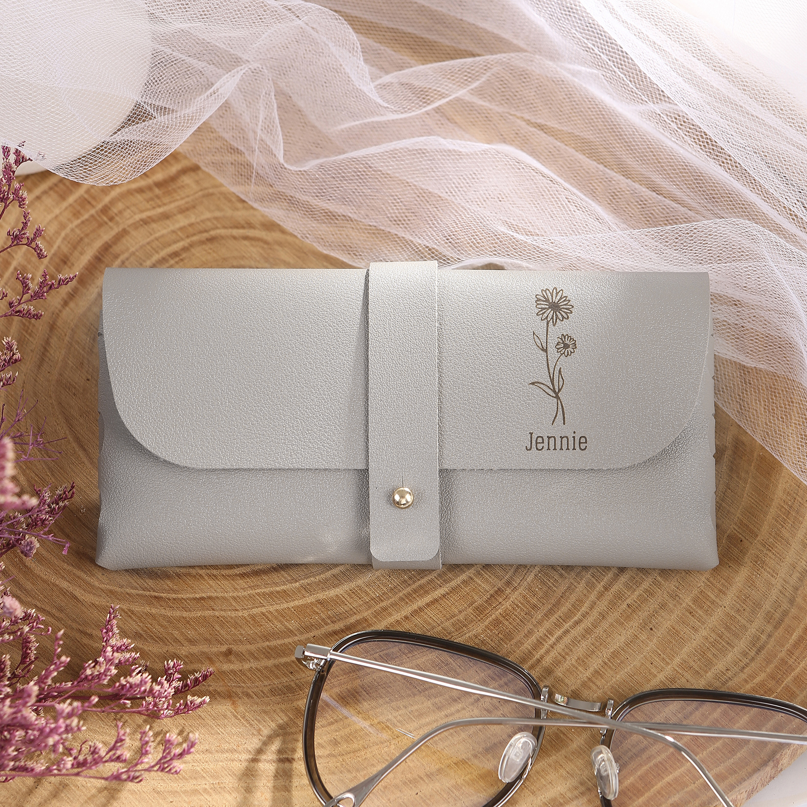 Étui à Lunettes Personnalisé en Cuir 1 Prénom personnalisé avec Fleur de Naissance | Jessemade