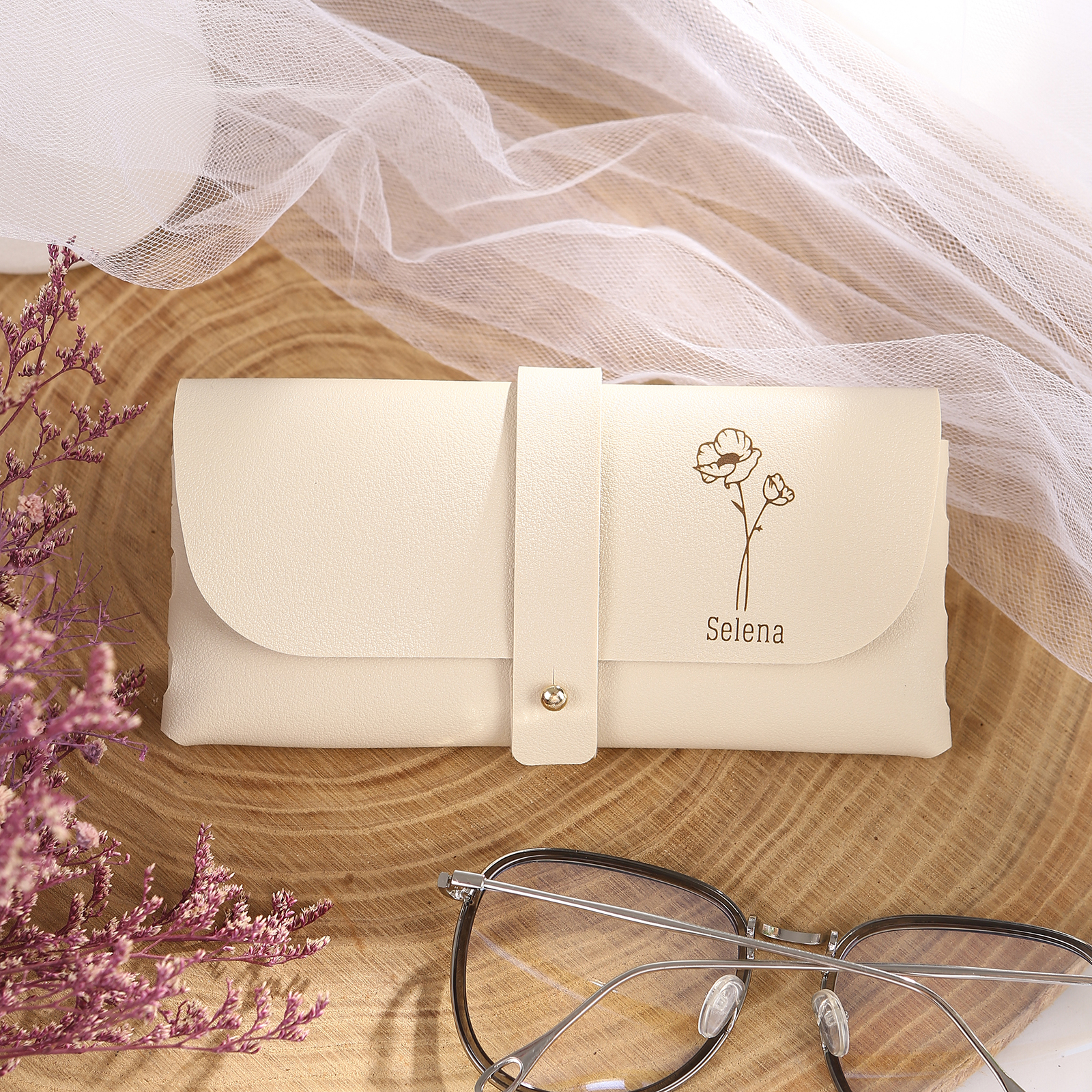 Étui à Lunettes Personnalisé en Cuir 1 Prénom personnalisé avec Fleur de Naissance | Jessemade