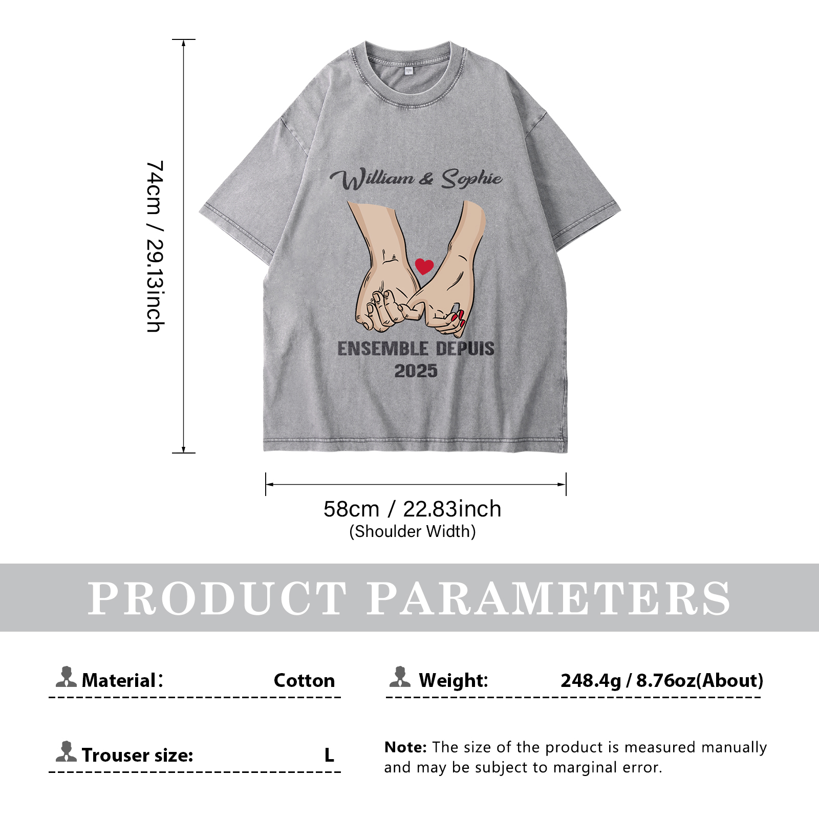 T-Shirt Personnalisé avec Année et 2 Prénoms T-Shirt en gris pour Couple | Jessemade