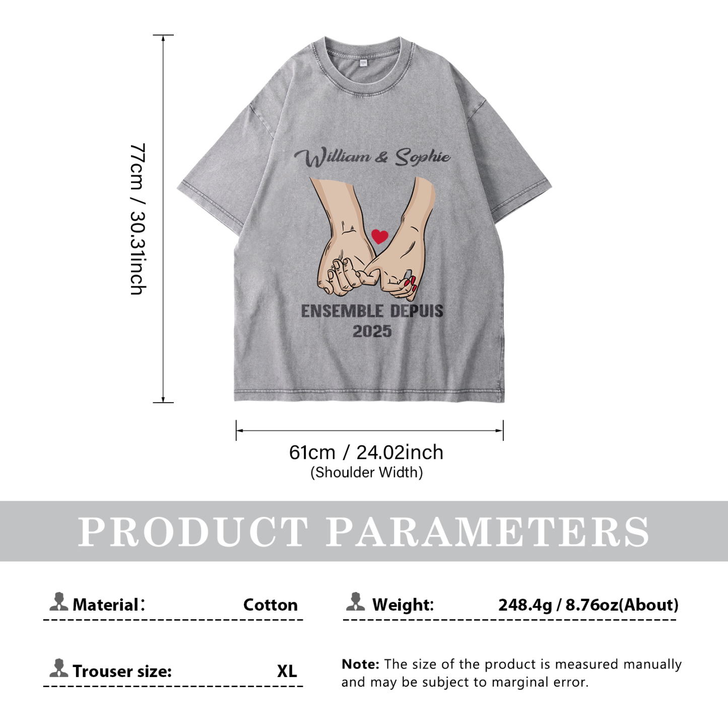 T-Shirt Personnalisé avec Année et 2 Prénoms T-Shirt en gris pour Couple | Jessemade