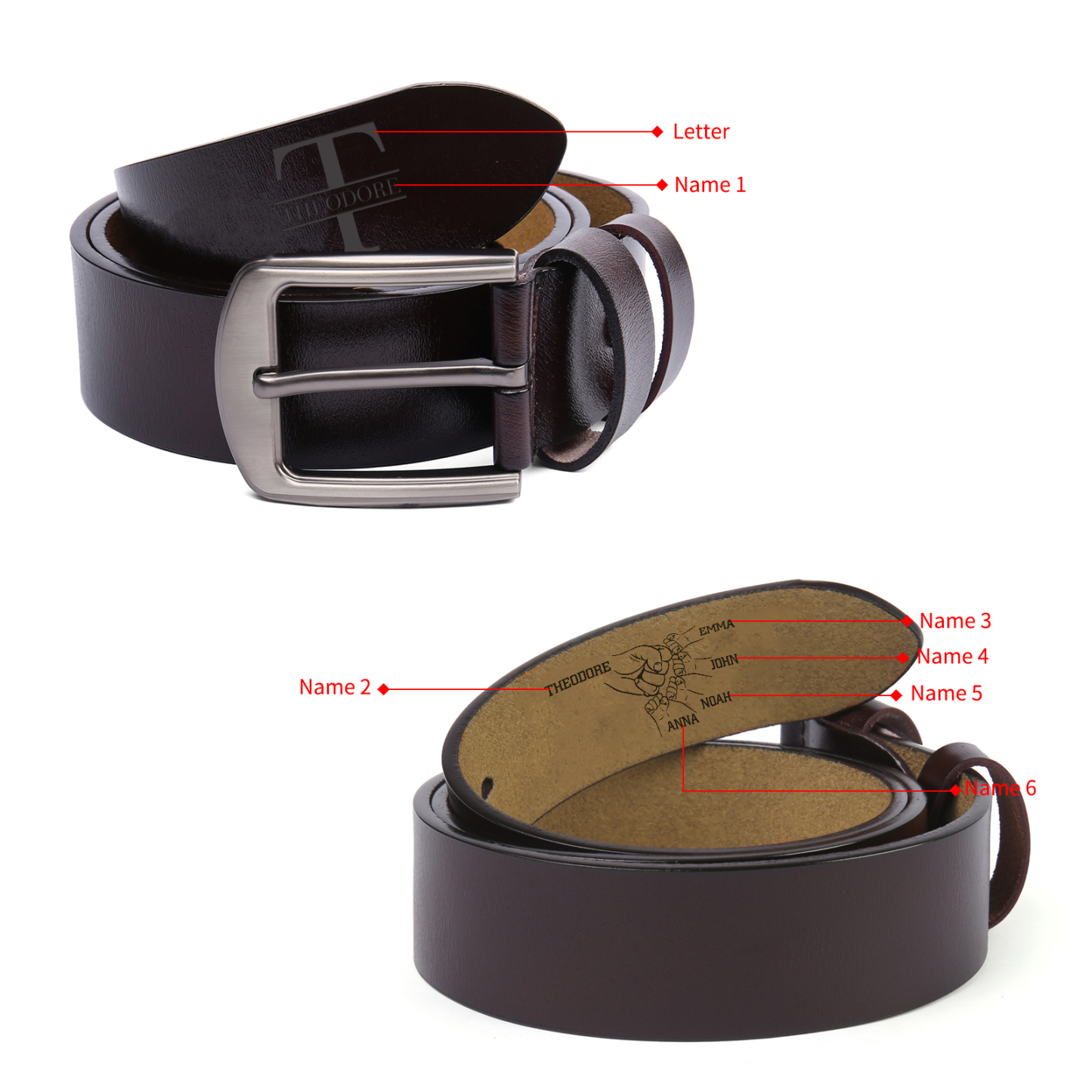 À Papa/Papi - Ceinture en Cuir Poing 6 Prénoms Personnalisés Avec Initiale Cadeau pour Homme | Jessemade