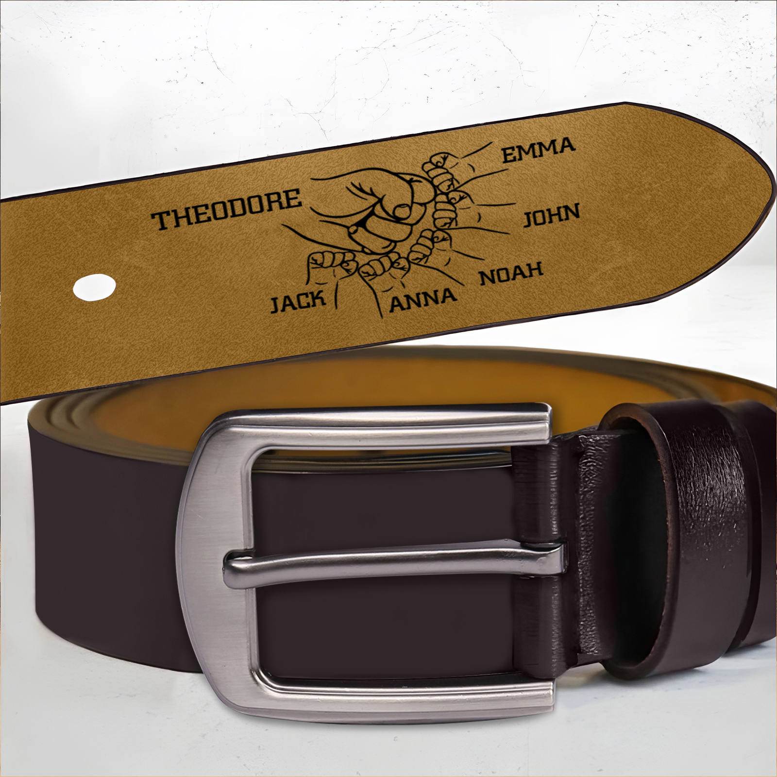 À Papa/Papi - Ceinture Classique en Cuir Poing Personnalisé Avec 7 Prénoms et Initiale Cadeau pour Homme | Jessemade