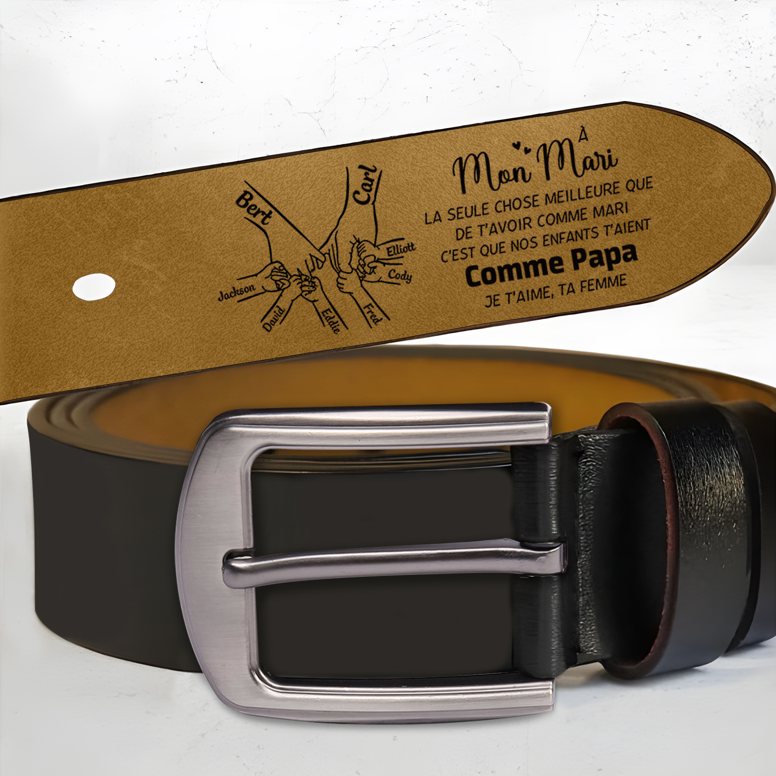 À mon Mari - Ceinture Noire en Cuir La Main Dans La Main Personnalisé avec 8 Prénoms Cadeau pour Homme | Jessemade