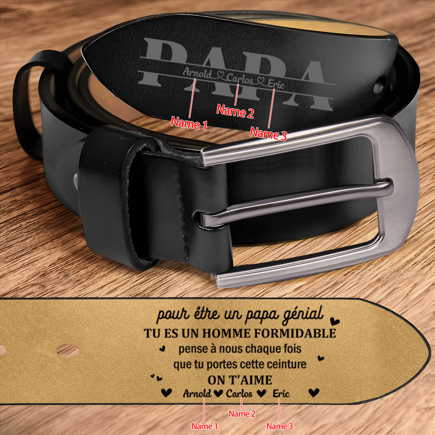 À Papa - Ceinture en Cuir Personnalisé Avec 3 Prénoms Cadeau pour Homme | Jessemade