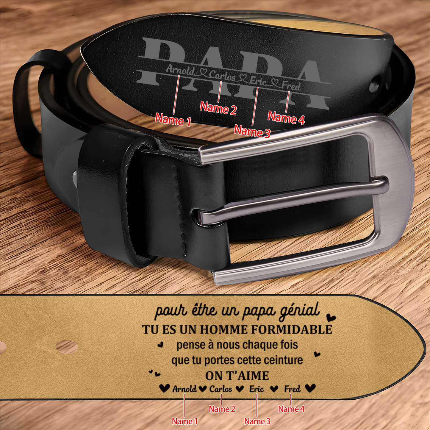 À Papa - Ceinture en Cuir Personnalisé Avec 4 Prénoms Cadeau pour Homme | Jessemade
