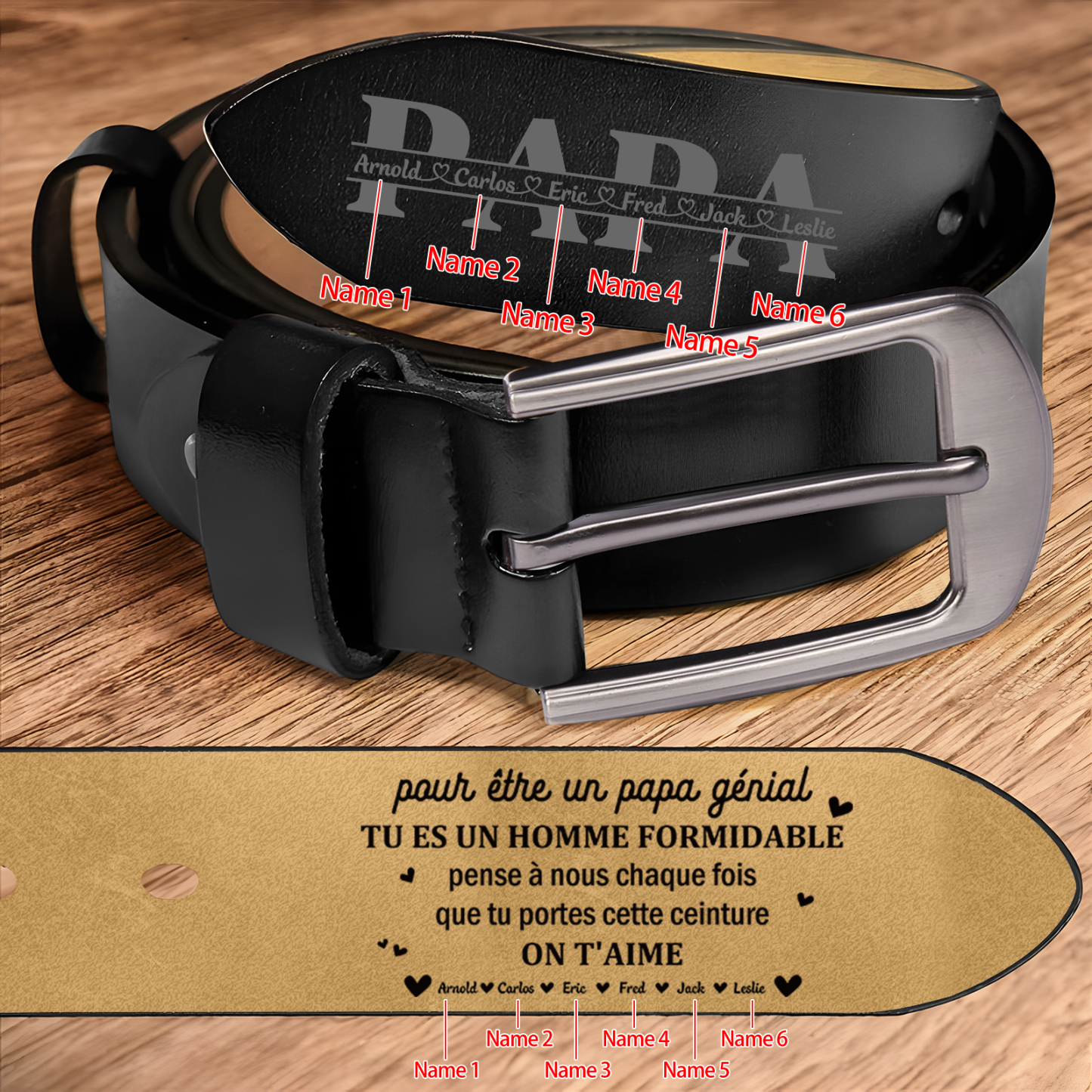 À Papa - Ceinture en Cuir Personnalisé Avec 6 Prénoms Cadeau pour Homme | Jessemade