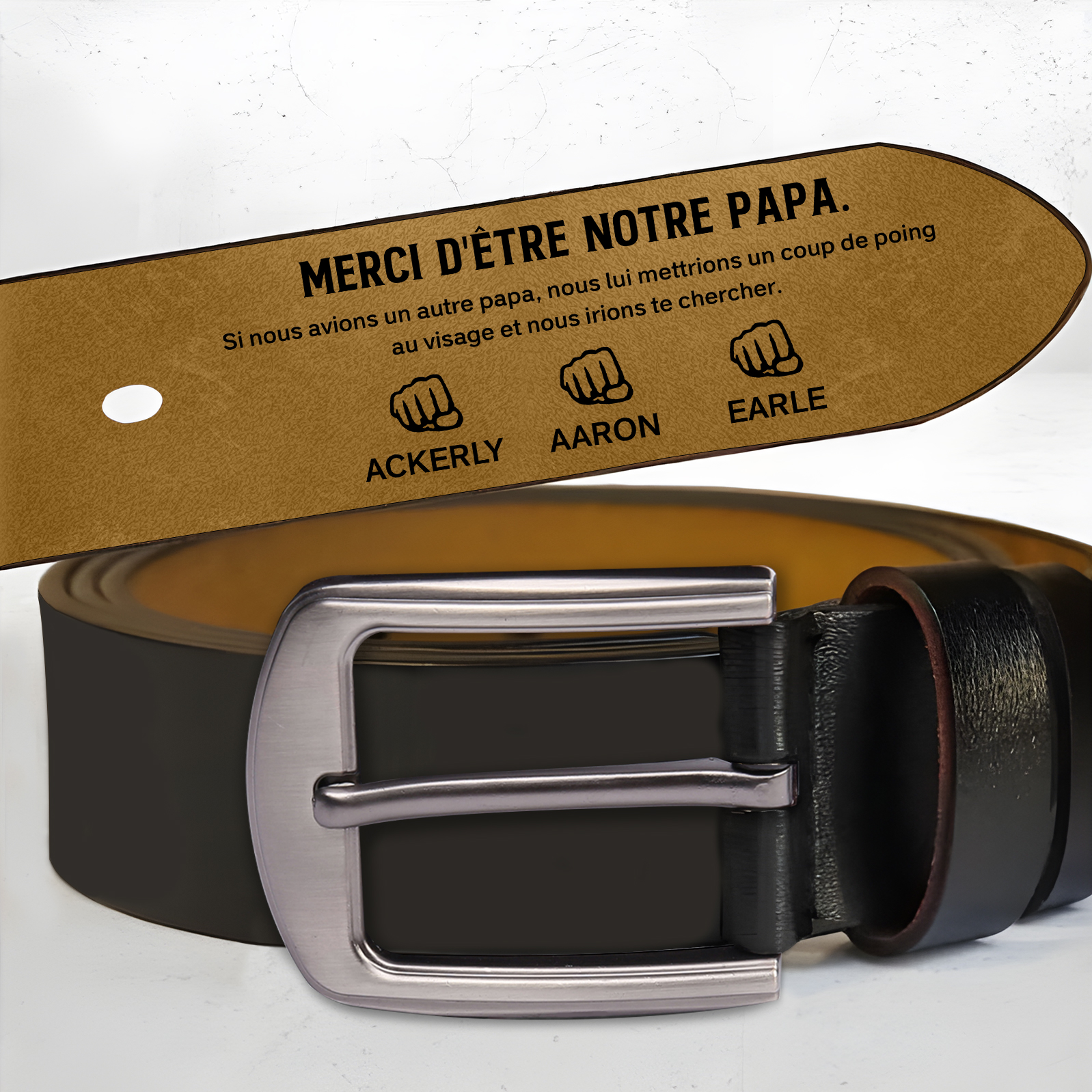 À mon Papa - Ceinture Poing en Cuir Personnalisé avec 4 Prénoms 'Merci d'être mon papa' Cadeau pour Homme | Jessemade