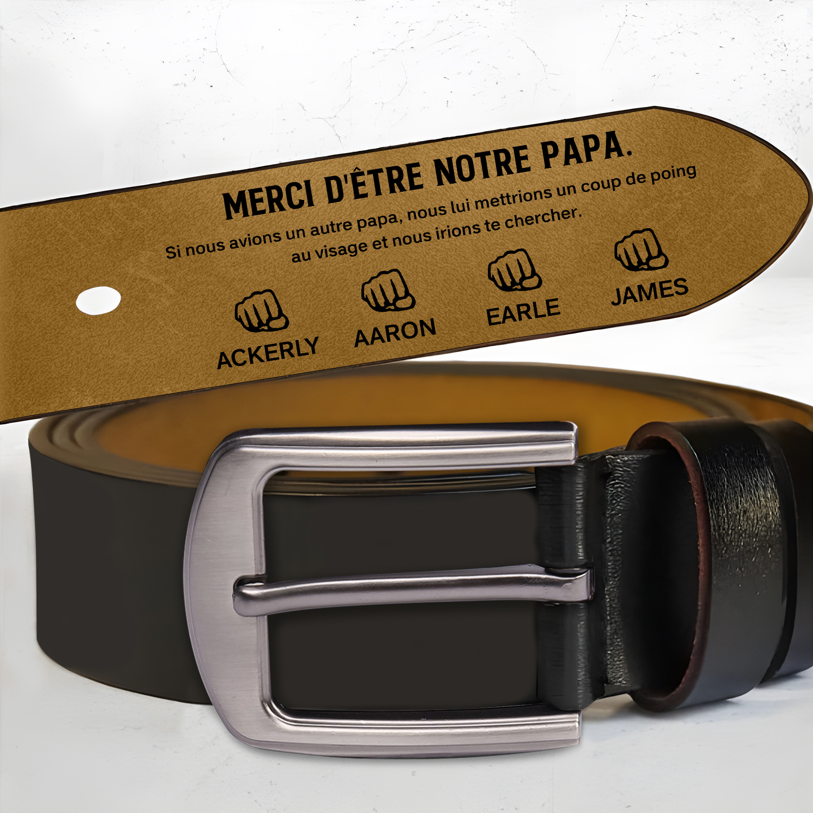 À mon Papa - Ceinture Poing en Cuir Personnalisé avec 5 Prénoms 'Merci d'être mon papa' Cadeau pour Homme | Jessemade