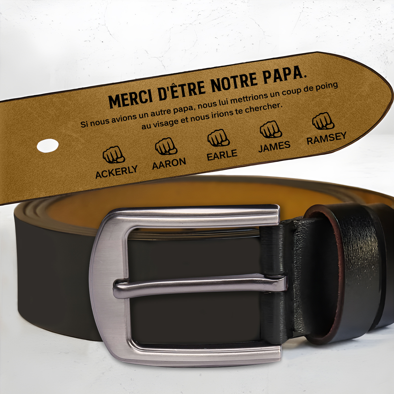 À mon Papa - Ceinture Poing en Cuir Personnalisé avec 6 Prénoms 'Merci d'être mon papa' Cadeau pour Homme | Jessemade