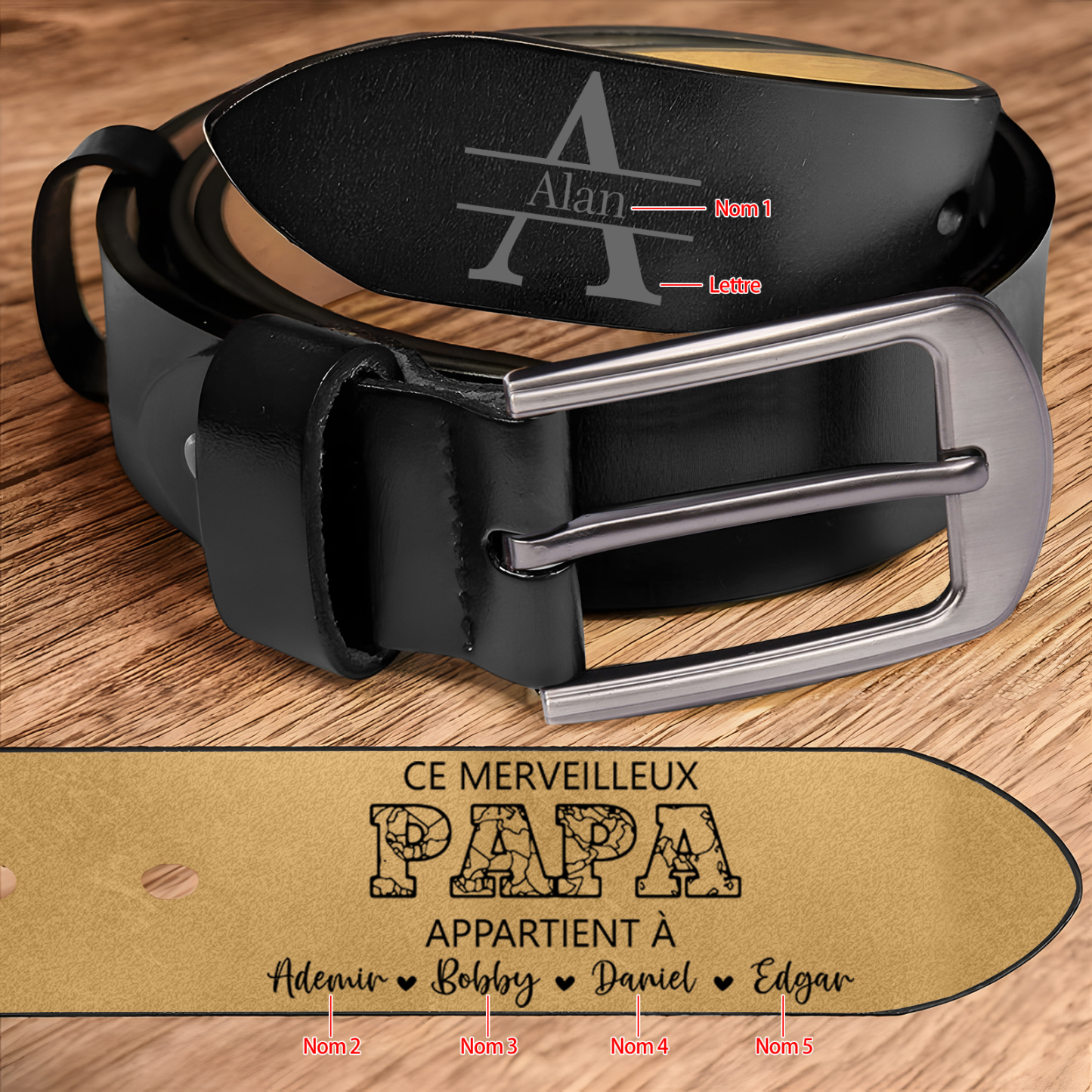 À mon Papa - Ceinture en Cuir Personnalisé avec 5 Prénoms et Lettre Cadeau pour Homme | Jessemade