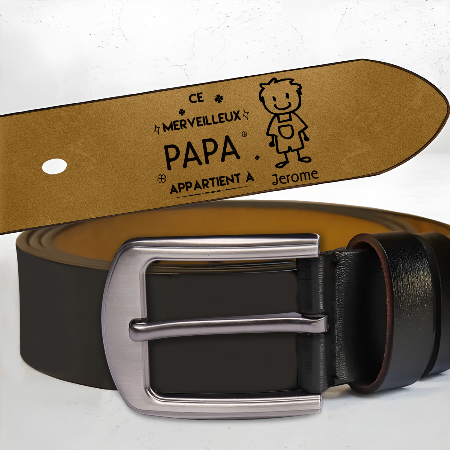 Ceinture en cuir personnalisée pour Papa – Gravure prénom et dessin enfant | Jessemade