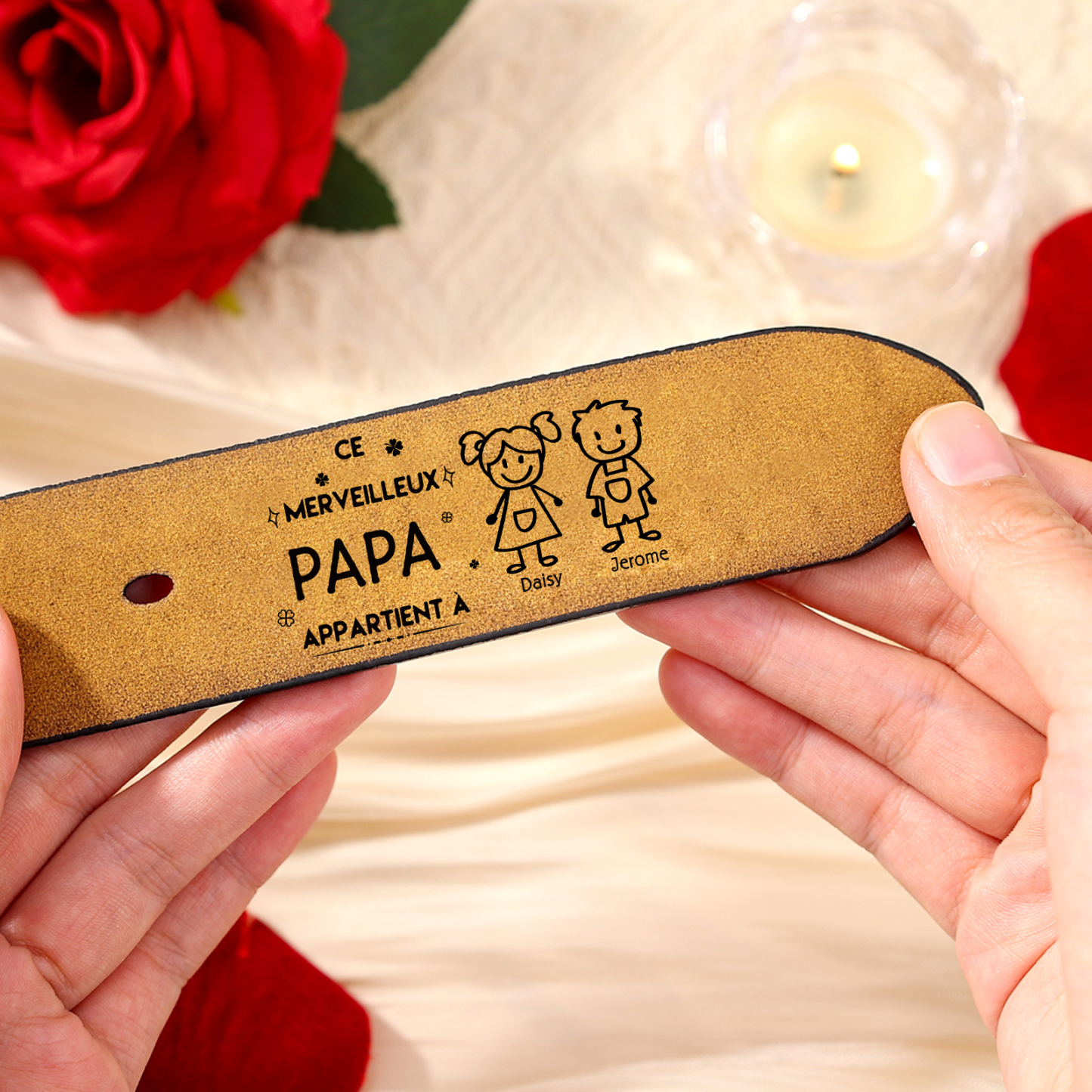 À mon Papa - Ceinture en Cuir Personnalisé avec 2 Prénoms et 2 Dessins Enfant Cadeau pour Homme | Jessemade