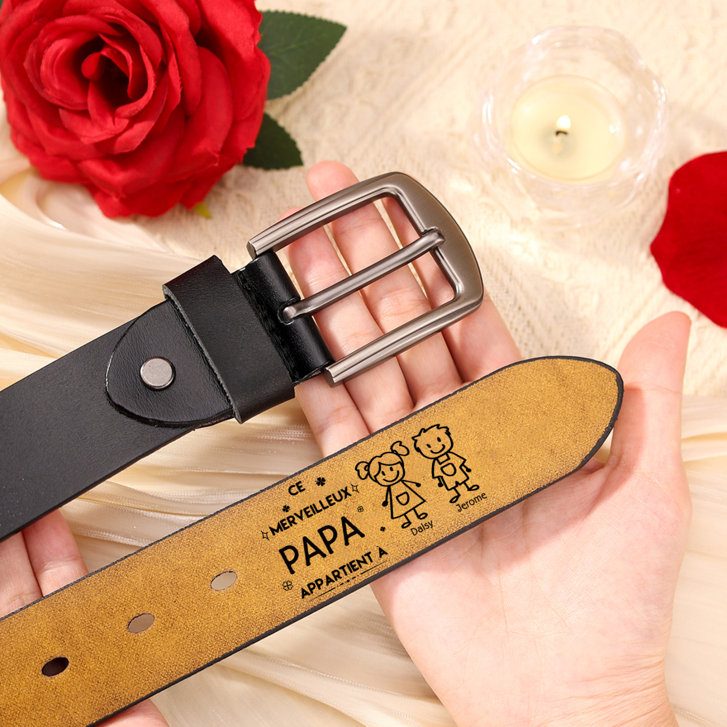 À mon Papa - Ceinture en Cuir Personnalisé avec 2 Prénoms et 2 Dessins Enfant Cadeau pour Homme | Jessemade