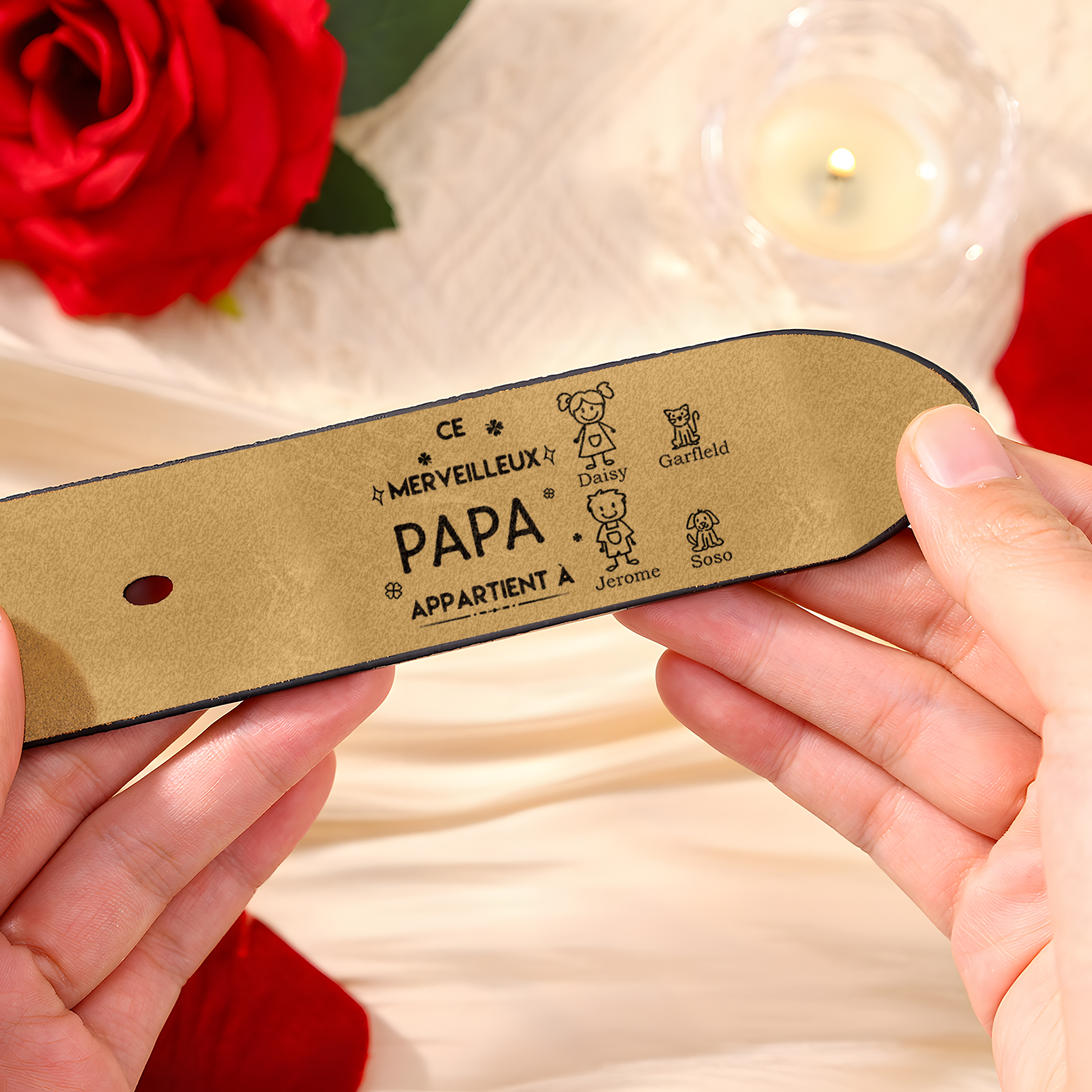 À mon Papa - Ceinture en Cuir Personnalisé avec 4 Prénoms et 4 Dessins Enfant Cadeau pour Homme | Jessemade