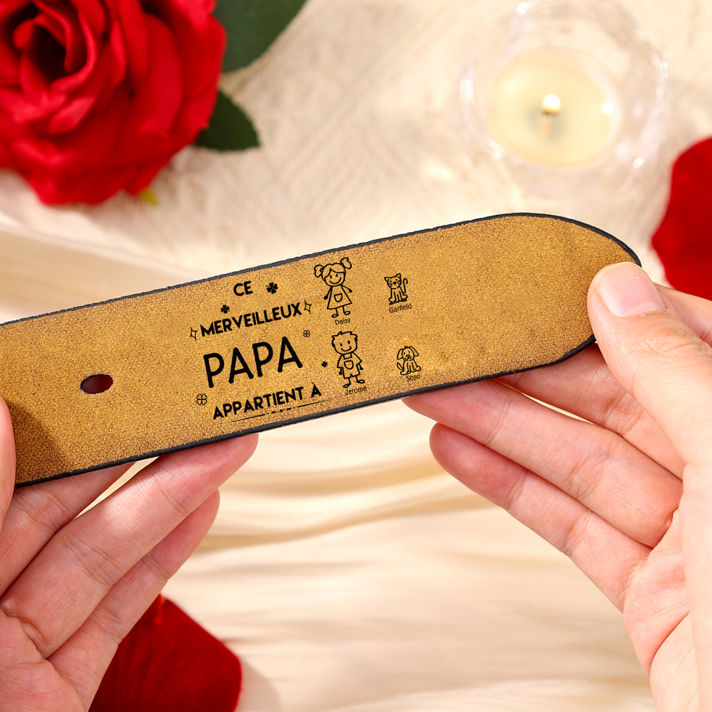 À mon Papa - Ceinture en Cuir Personnalisé avec 4 Prénoms et 4 Dessins Enfant Cadeau pour Homme | Jessemade