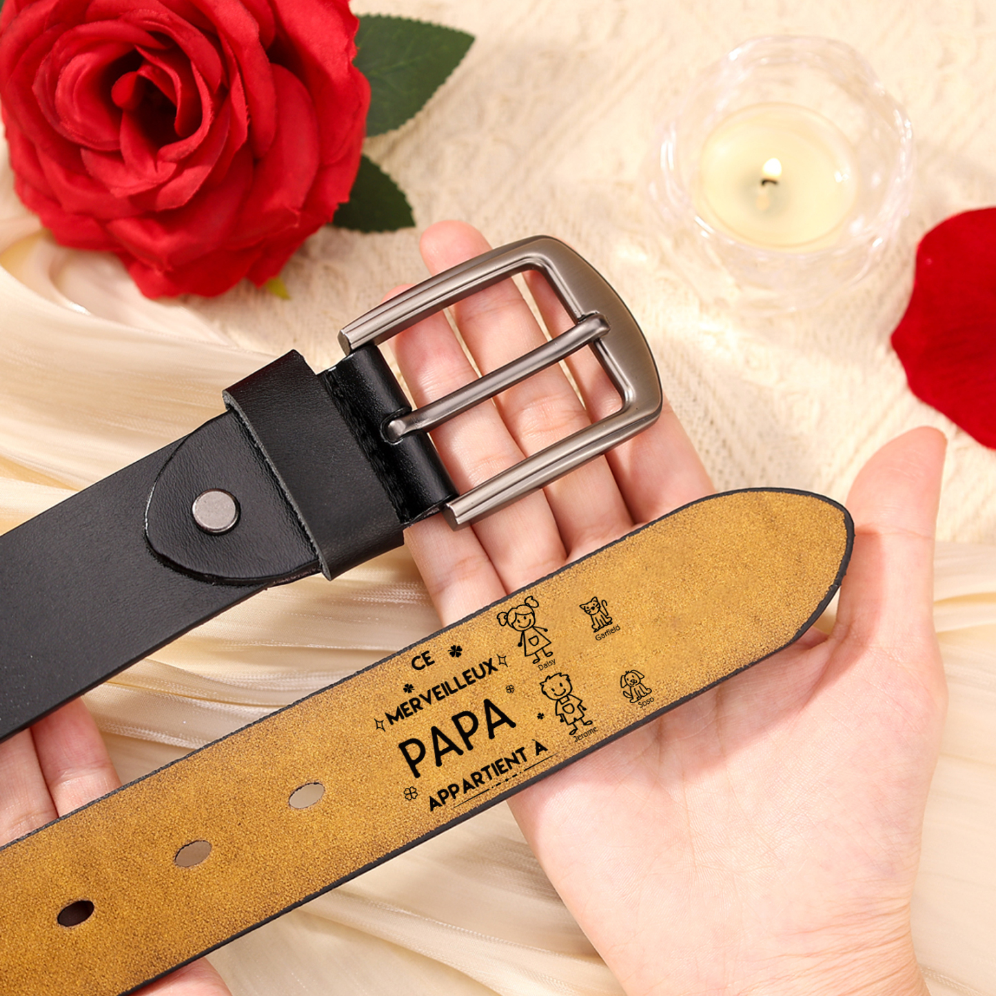 À mon Papa - Ceinture en Cuir Personnalisé avec 4 Prénoms et 4 Dessins Enfant Cadeau pour Homme | Jessemade