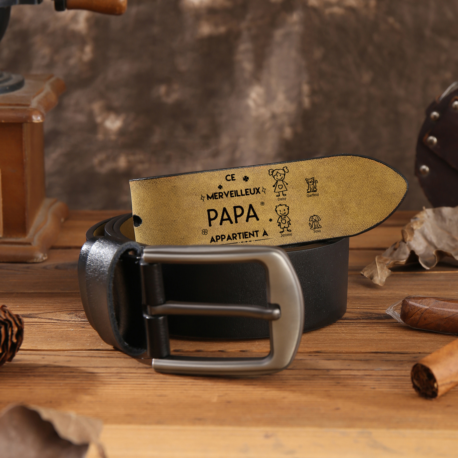À mon Papa - Ceinture en Cuir Personnalisé avec 4 Prénoms et 4 Dessins Enfant Cadeau pour Homme | Jessemade