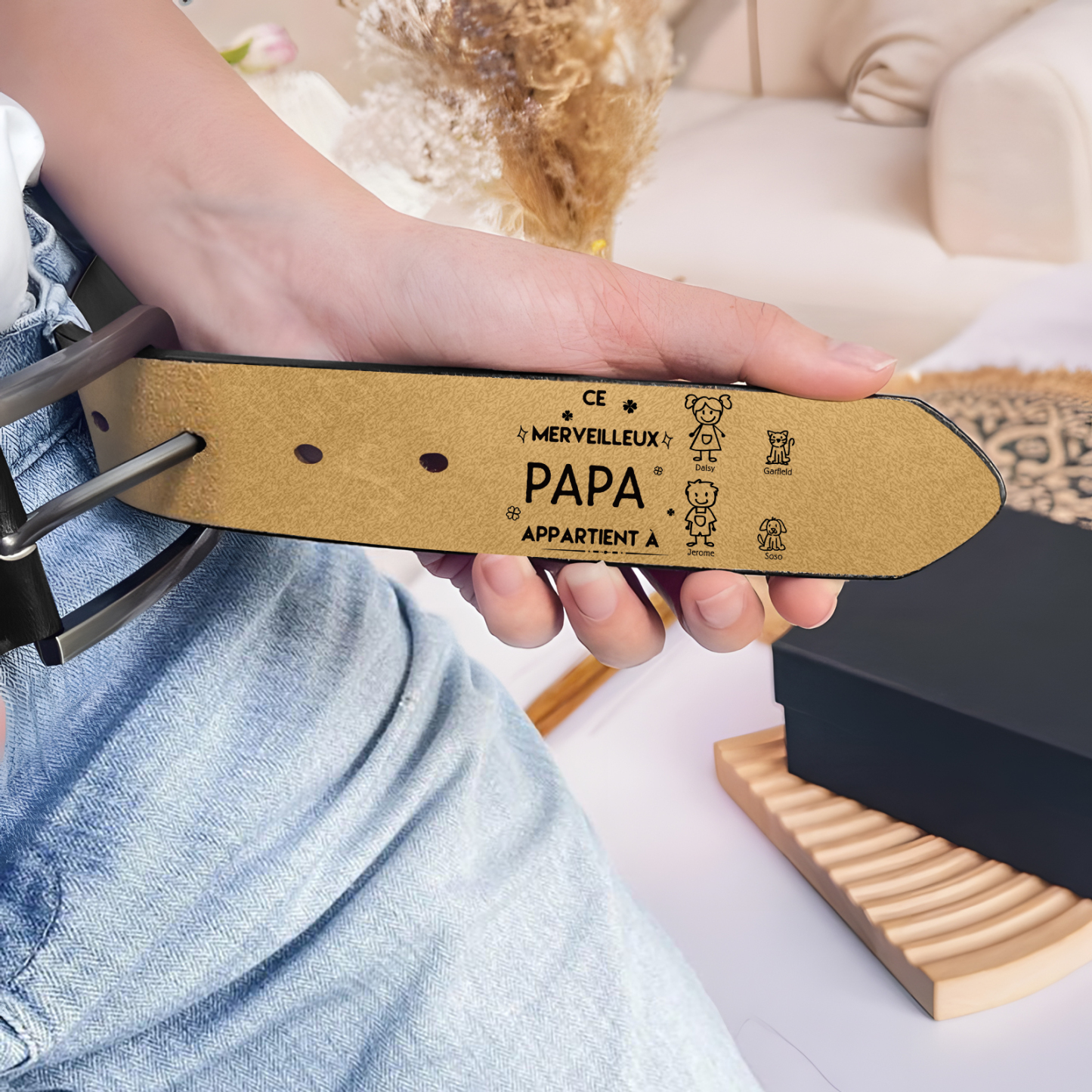 À mon Papa - Ceinture en Cuir Personnalisé avec 4 Prénoms et 4 Dessins Enfant Cadeau pour Homme | Jessemade