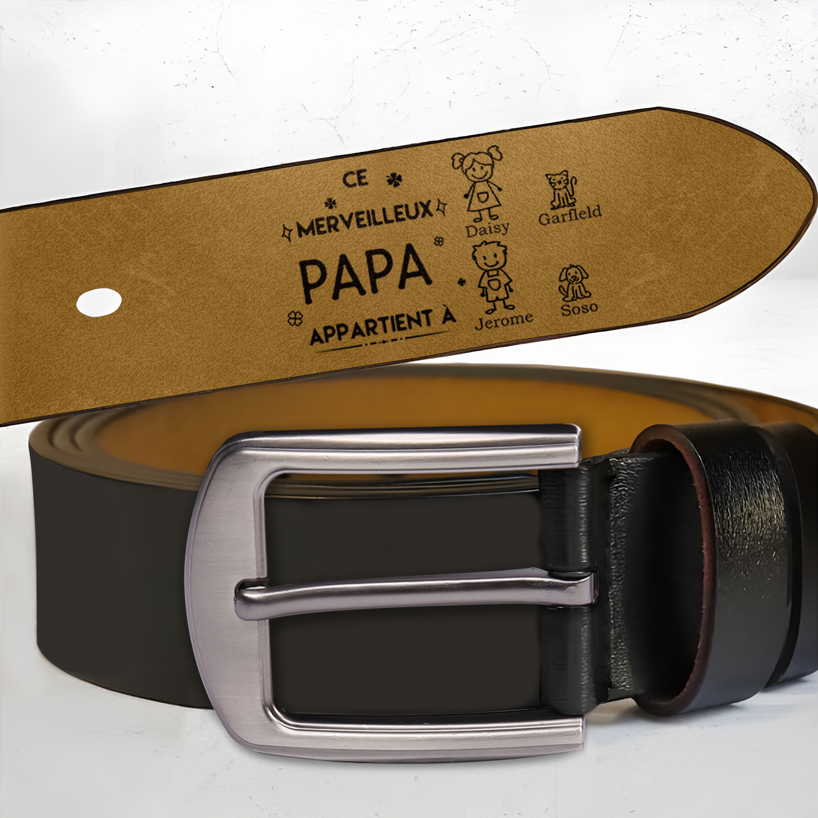 À mon Papa - Ceinture en Cuir Personnalisé avec 4 Prénoms et 4 Dessins Enfant Cadeau pour Homme | Jessemade