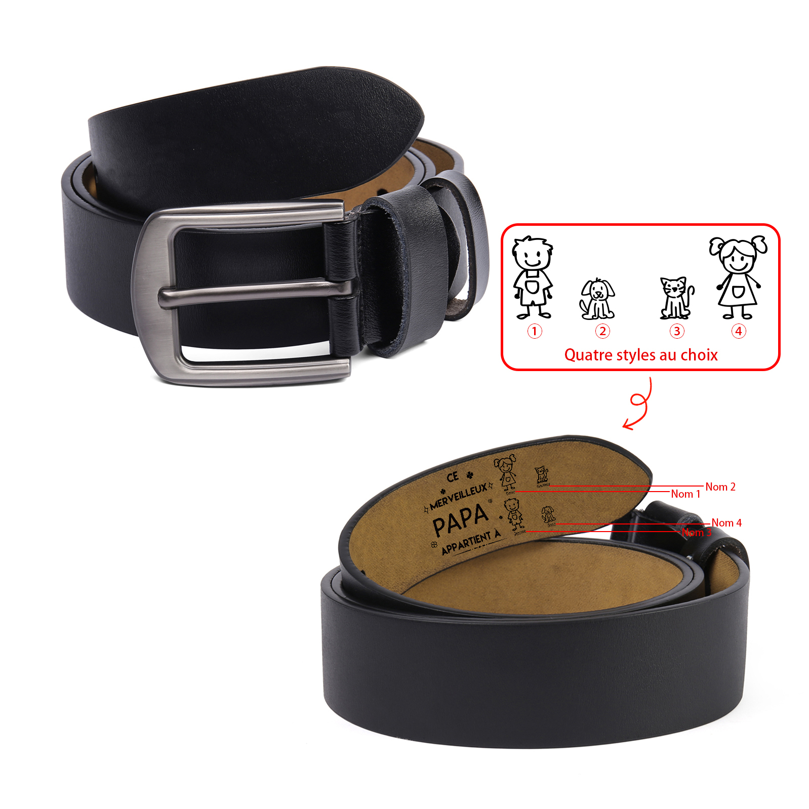 À mon Papa - Ceinture en Cuir Personnalisé avec 4 Prénoms et 4 Dessins Enfant Cadeau pour Homme | Jessemade
