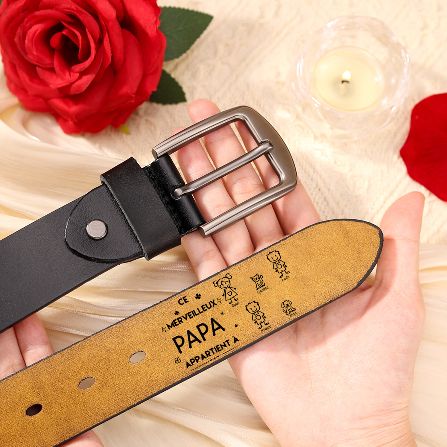 À mon Papa - Ceinture en Cuir Personnalisé avec 5 Prénoms et 5 Dessins Enfant Cadeau pour Homme | Jessemade