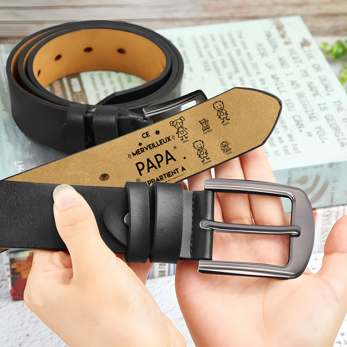 À mon Papa - Ceinture en Cuir Personnalisé avec 5 Prénoms et 5 Dessins Enfant Cadeau pour Homme | Jessemade