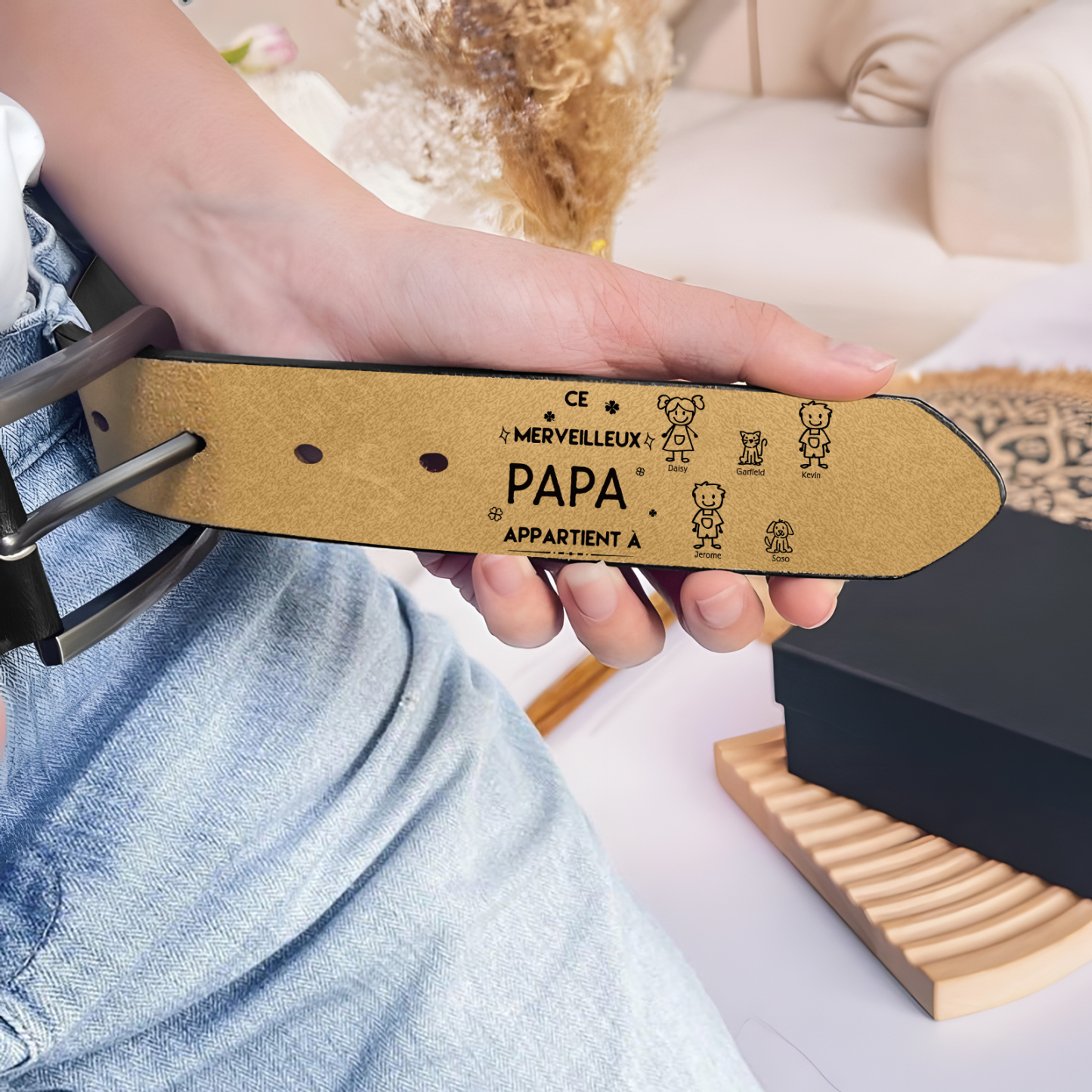 À mon Papa - Ceinture en Cuir Personnalisé avec 5 Prénoms et 5 Dessins Enfant Cadeau pour Homme | Jessemade