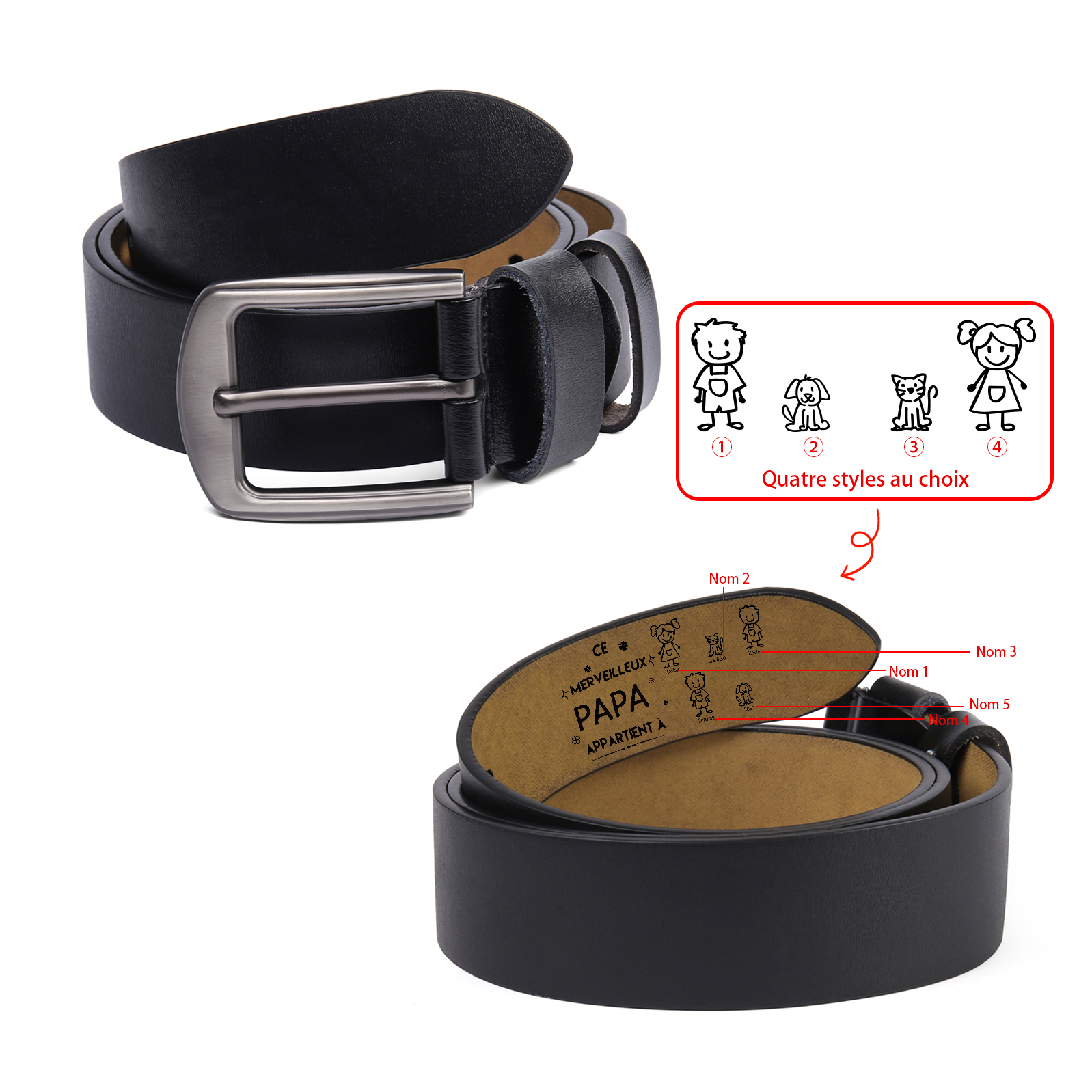 À mon Papa - Ceinture en Cuir Personnalisé avec 5 Prénoms et 5 Dessins Enfant Cadeau pour Homme | Jessemade