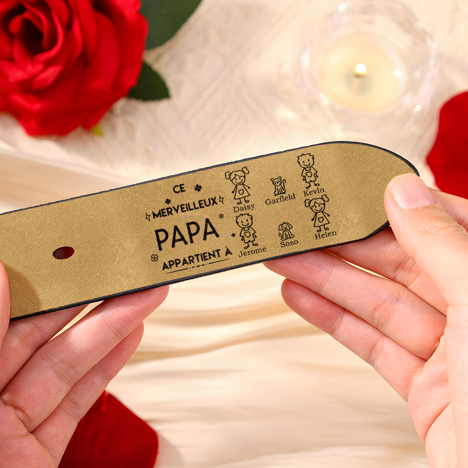 À mon Papa - Ceinture en Cuir Personnalisé avec 6 Prénoms et 6 Dessins Enfant Cadeau pour Homme | Jessemade