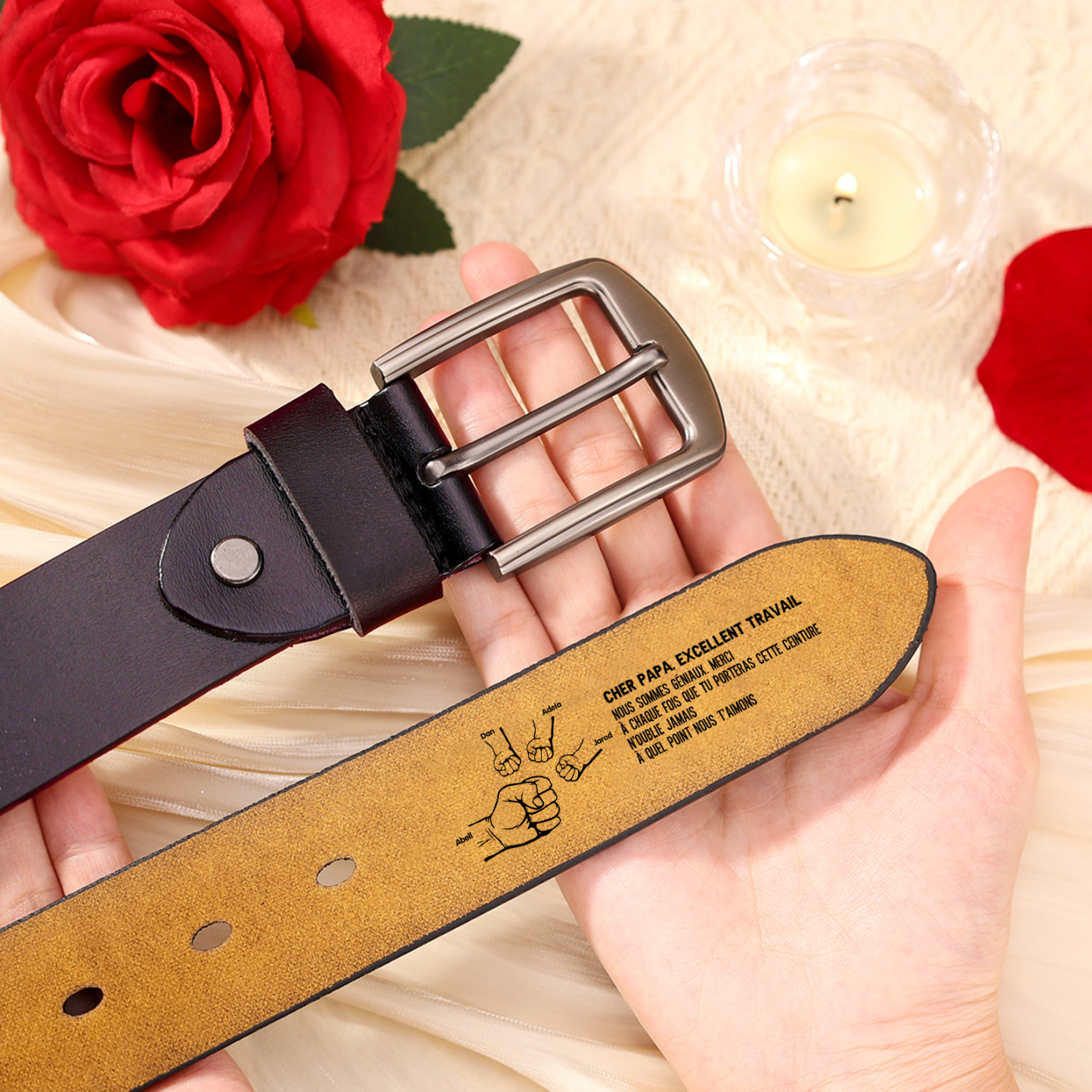 À mon Papa - Ceinture Poing en cuir personnalisée avec 5 prénoms et Lettre Cadeau pour Homme | Jessemade