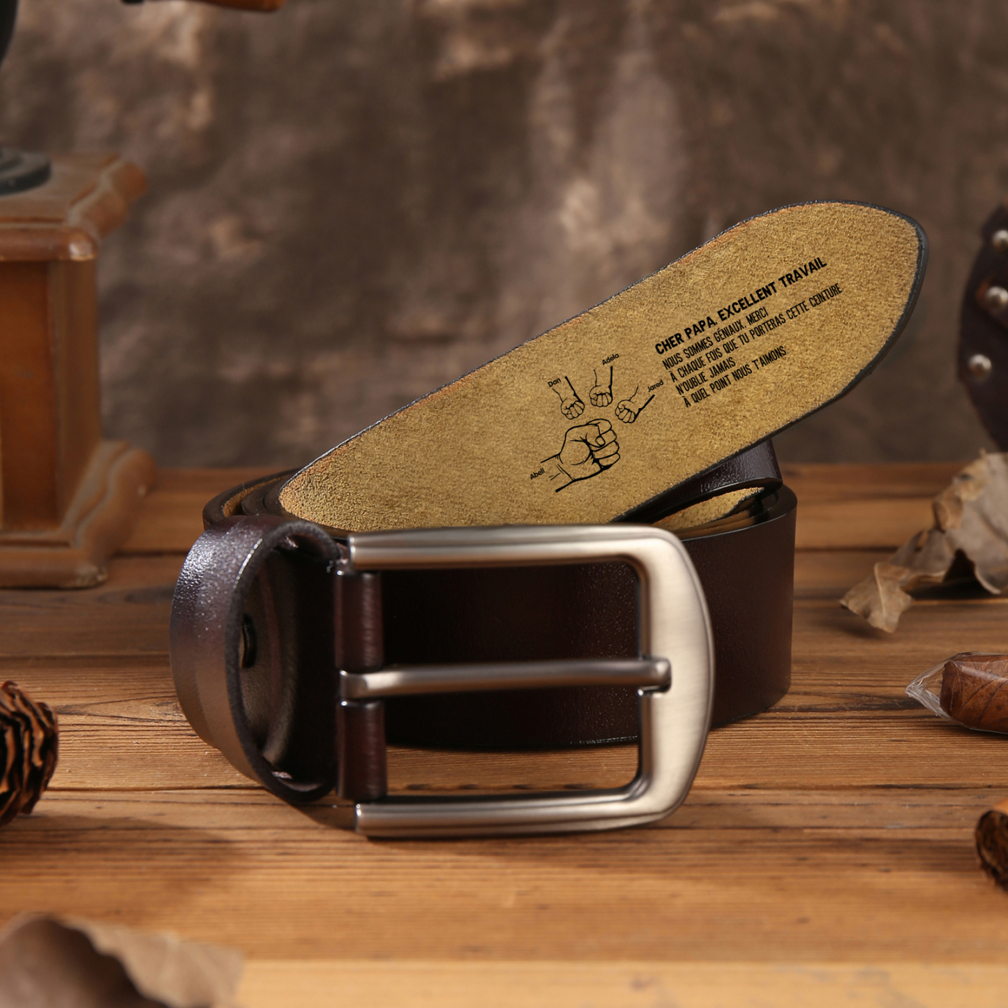 À mon Papa - Ceinture Poing en cuir personnalisée avec 5 prénoms et Lettre Cadeau pour Homme | Jessemade