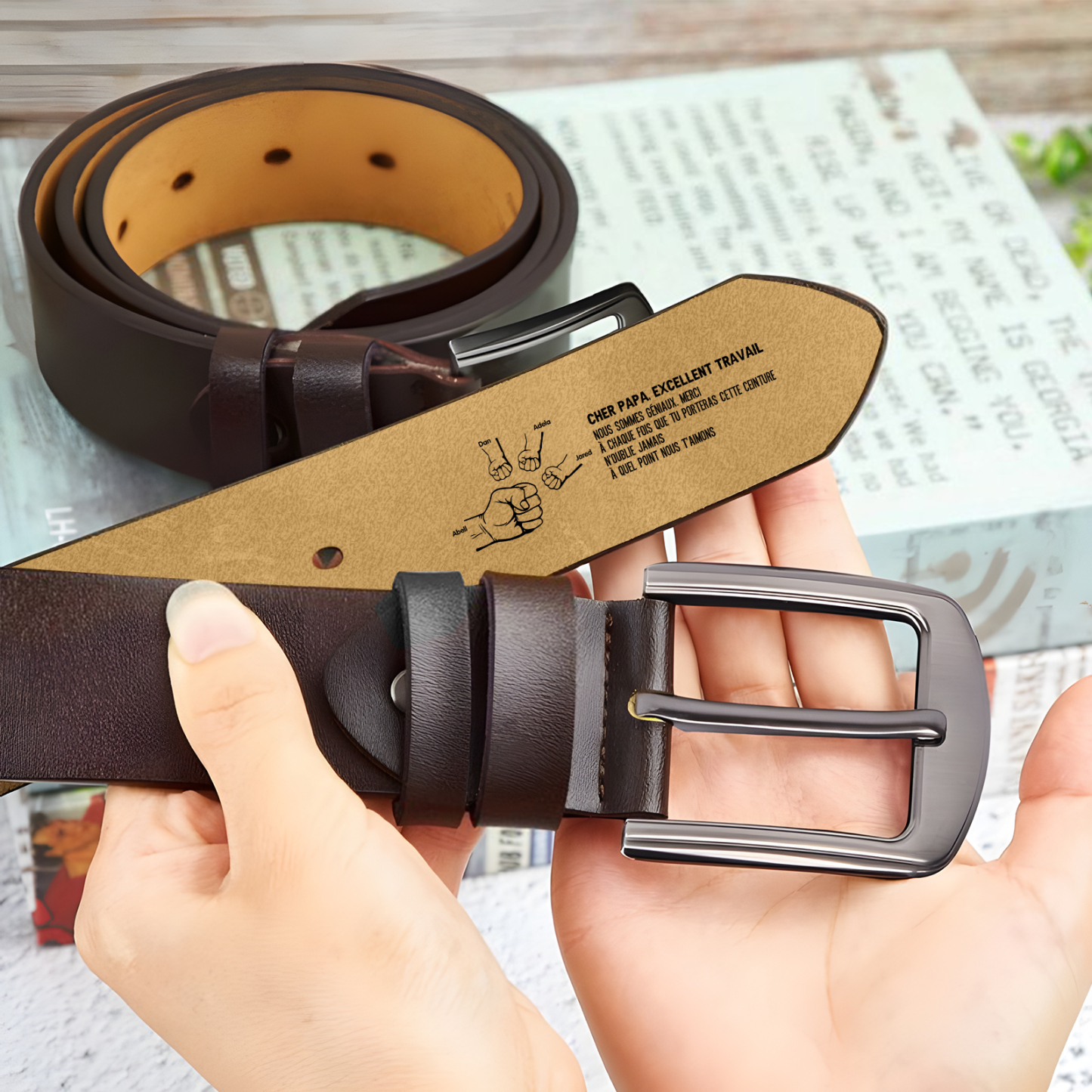 À mon Papa - Ceinture Poing en cuir personnalisée avec 5 prénoms et Lettre Cadeau pour Homme | Jessemade
