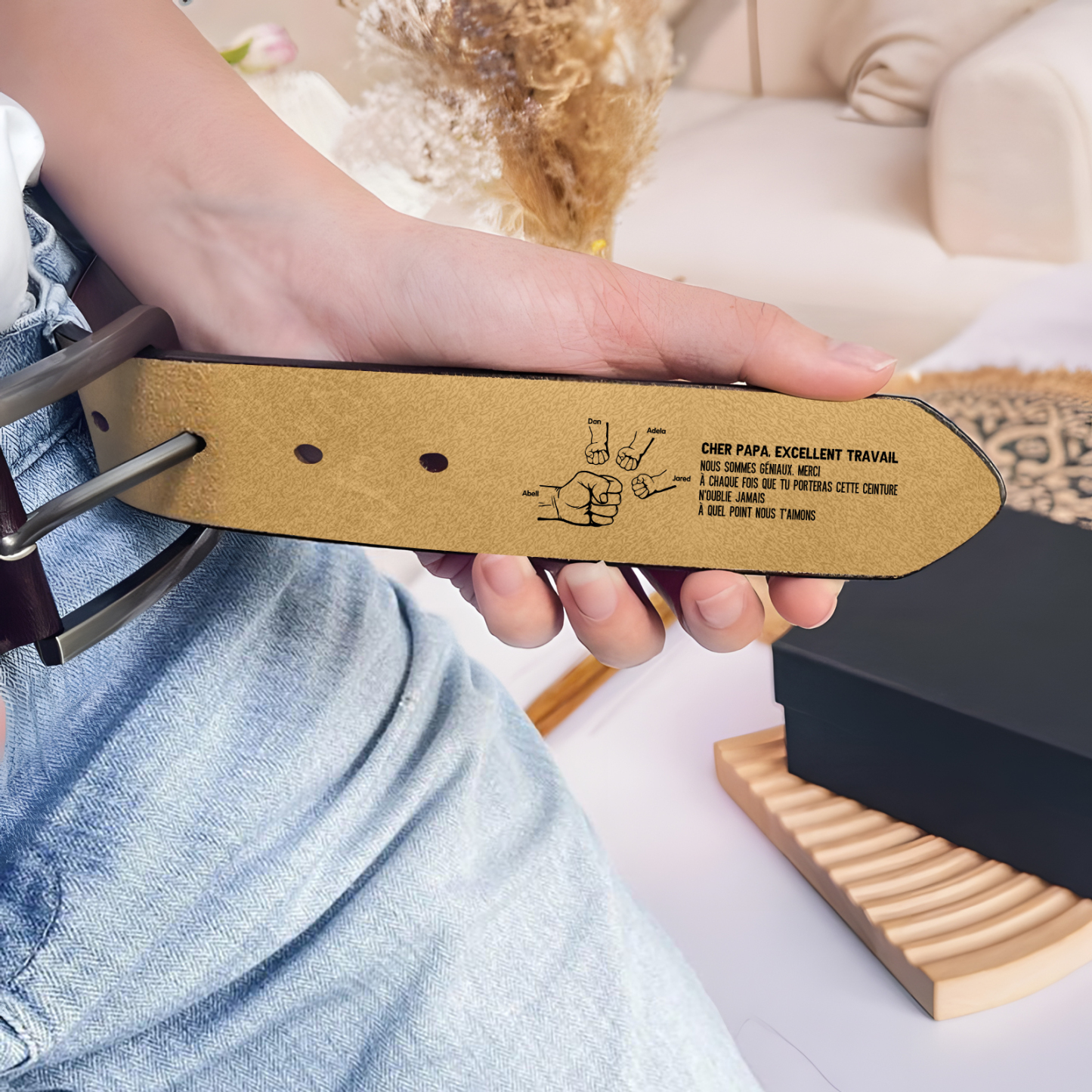 À mon Papa - Ceinture Poing en cuir personnalisée avec 5 prénoms et Lettre Cadeau pour Homme | Jessemade