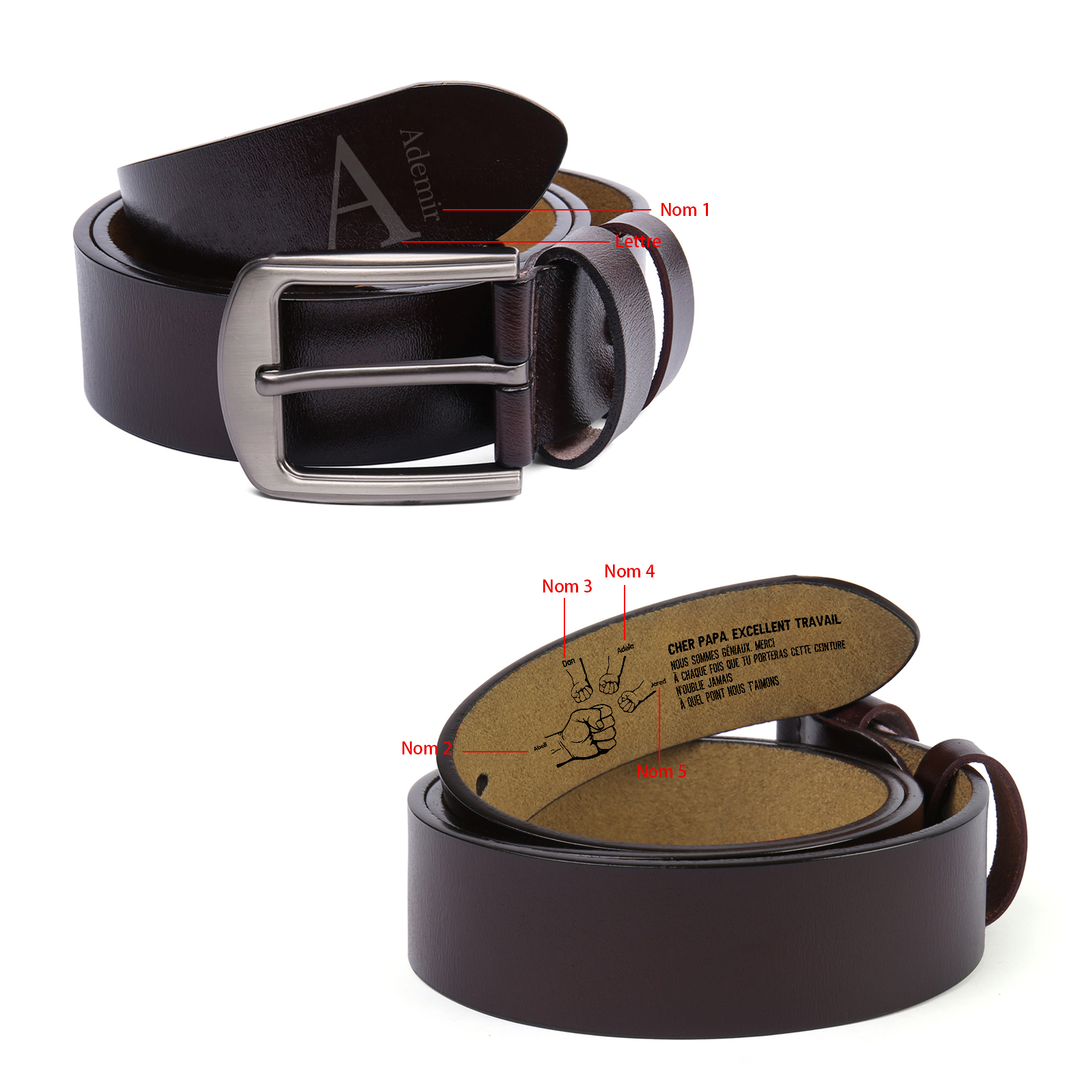 À mon Papa - Ceinture Poing en cuir personnalisée avec 5 prénoms et Lettre Cadeau pour Homme | Jessemade