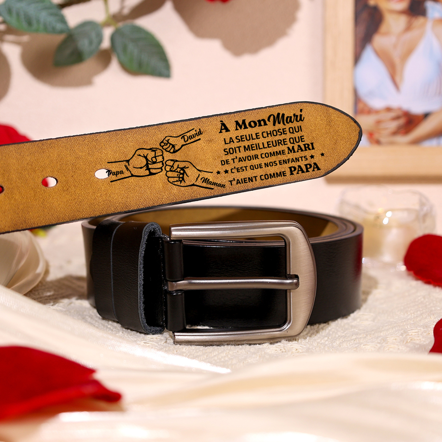 À mon Mari - Ceinture Poing en Cuir Personnalisé avec 3 Prénoms Cadeau pour Homme | Jessemade