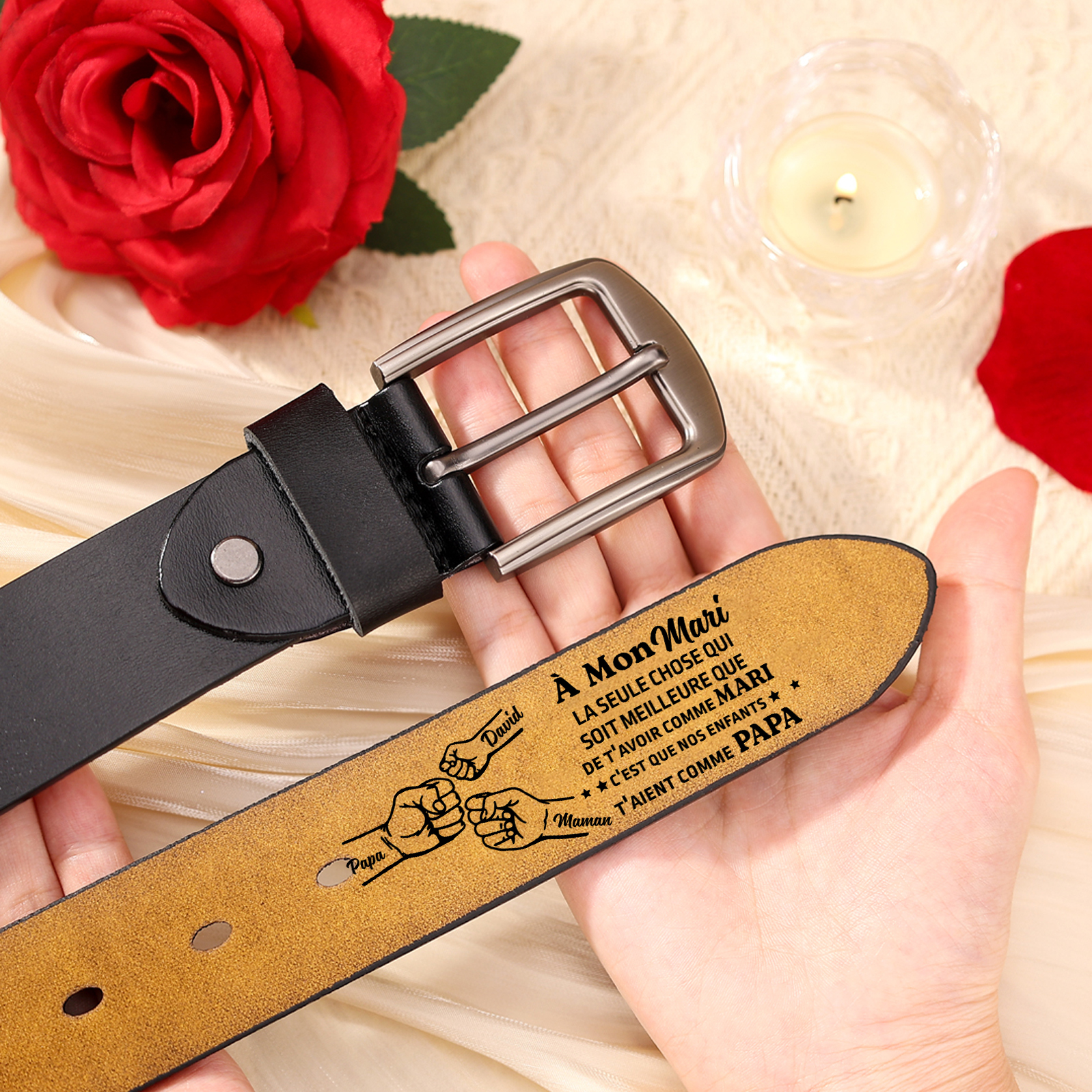 À mon Mari - Ceinture Poing en Cuir Personnalisé avec 3 Prénoms Cadeau pour Homme | Jessemade