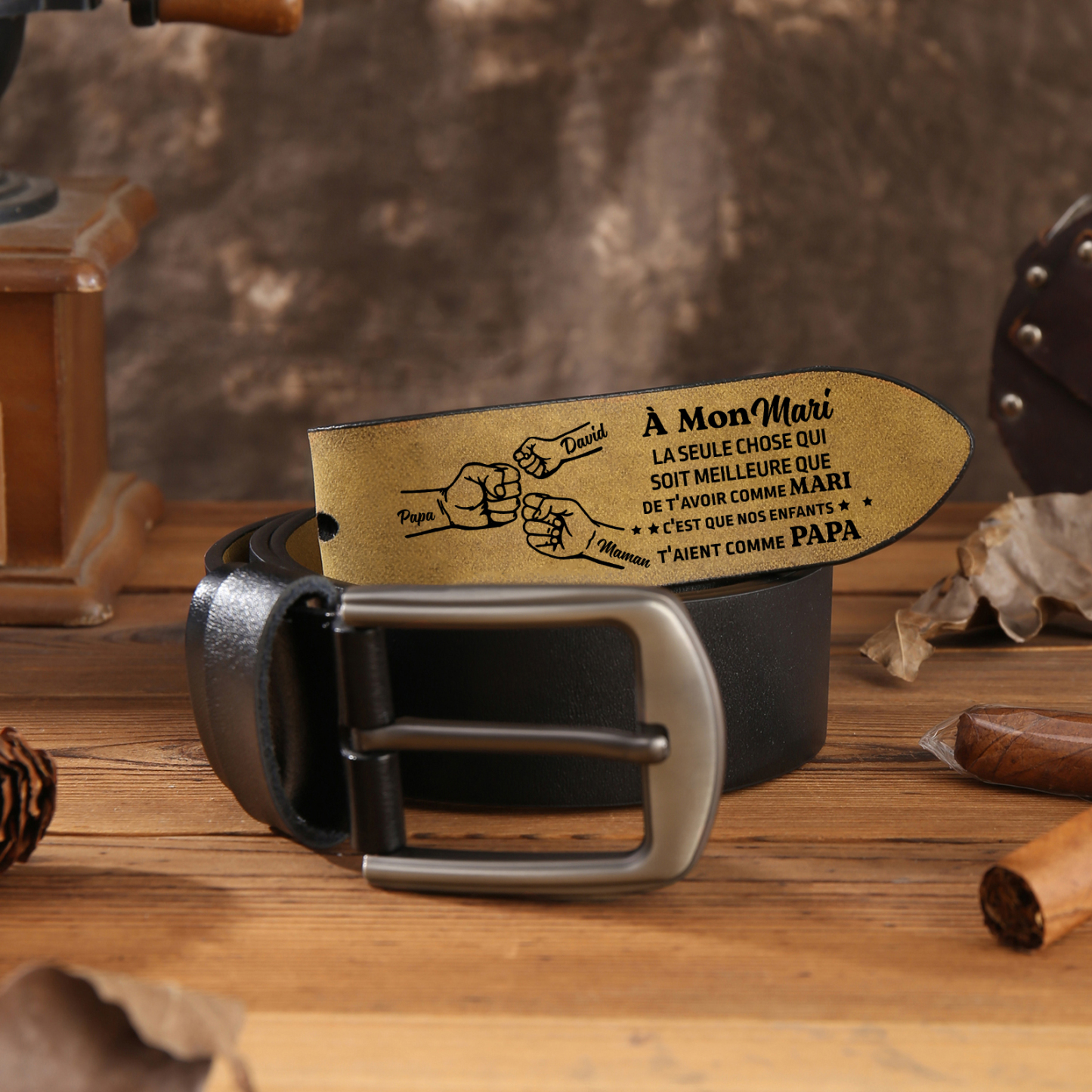 À mon Mari - Ceinture Poing en Cuir Personnalisé avec 3 Prénoms Cadeau pour Homme | Jessemade