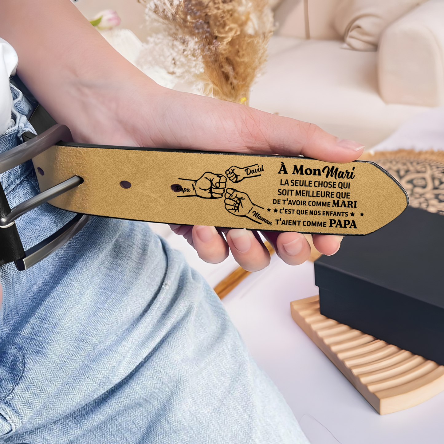 À mon Mari - Ceinture Poing en Cuir Personnalisé avec 3 Prénoms Cadeau pour Homme | Jessemade