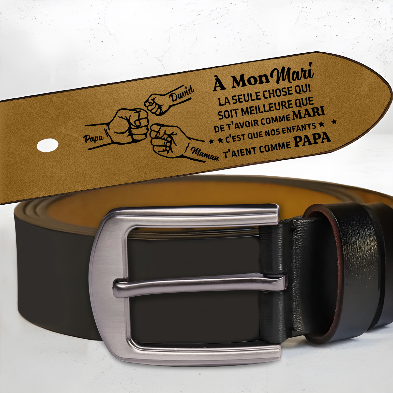 À mon Mari - Ceinture Poing en Cuir Personnalisé avec 3 Prénoms Cadeau pour Homme | Jessemade