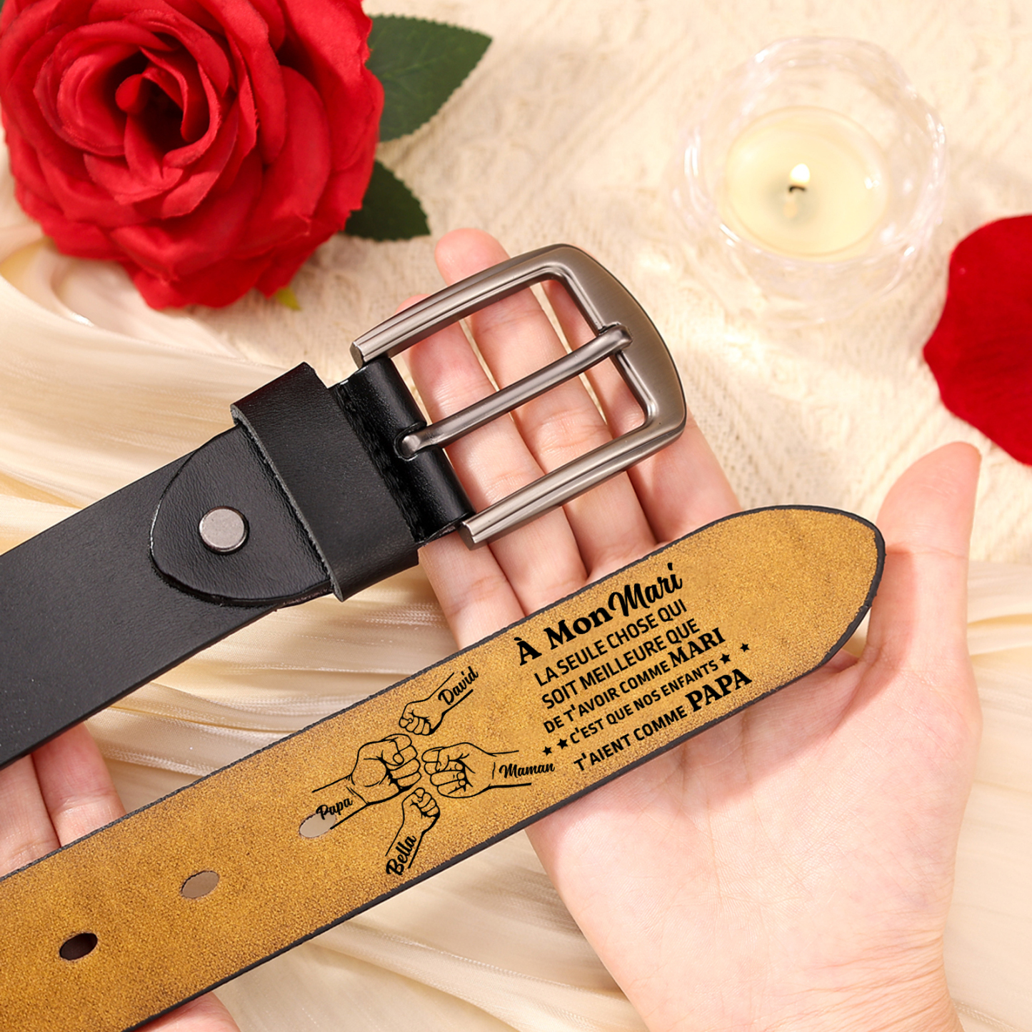 À mon Mari - Ceinture Poing en Cuir Personnalisé avec 4 Prénoms Cadeau pour Homme | Jessemade