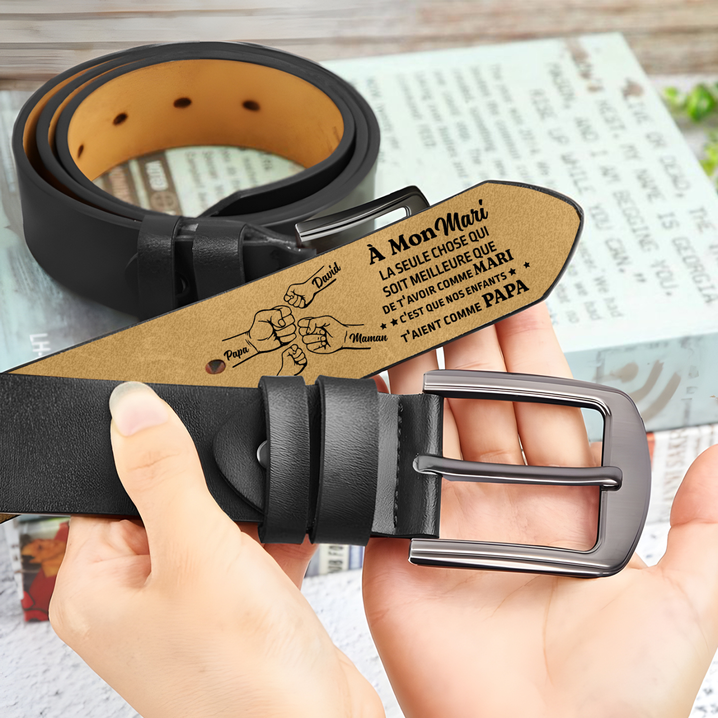 À mon Mari - Ceinture Poing en Cuir Personnalisé avec 4 Prénoms Cadeau pour Homme | Jessemade