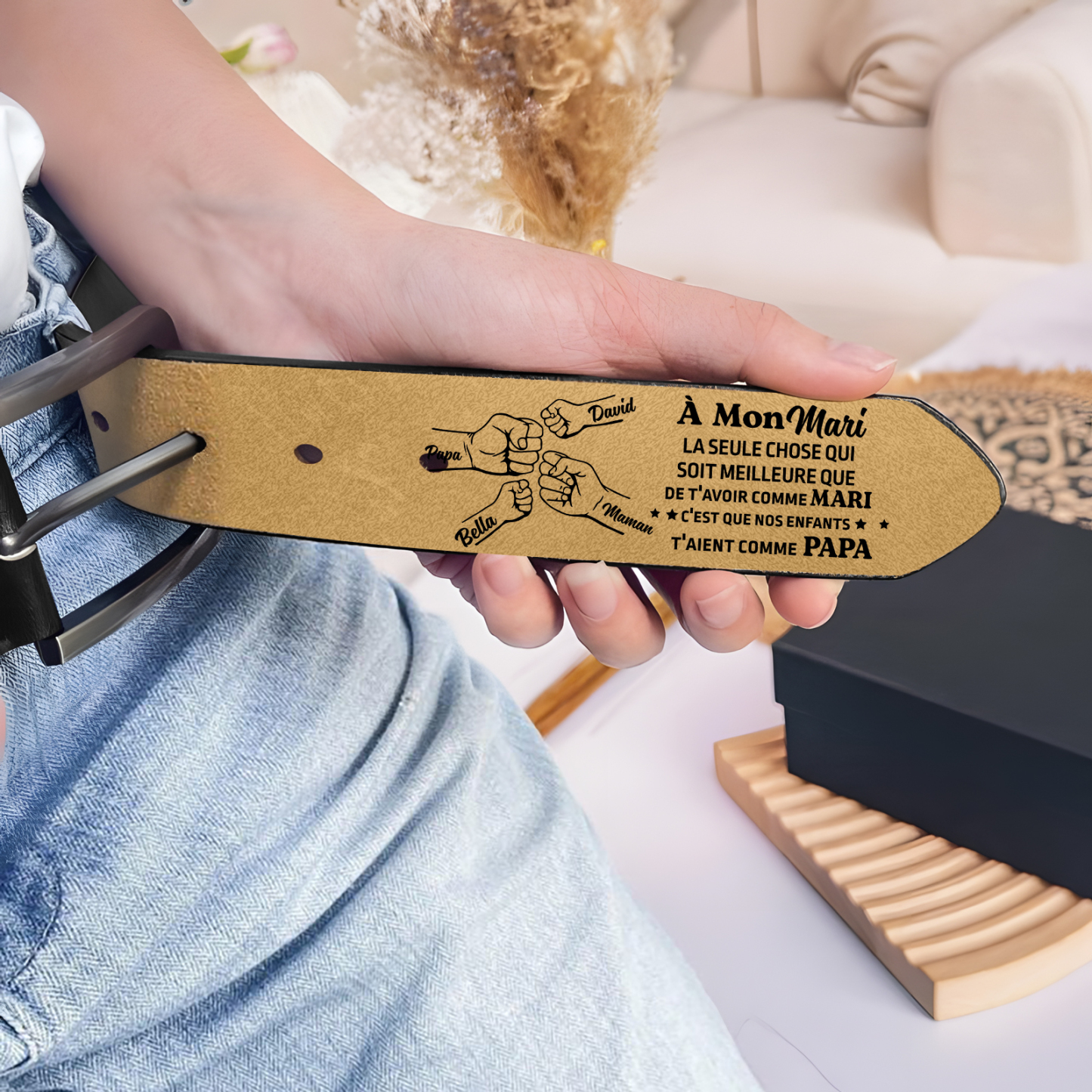 À mon Mari - Ceinture Poing en Cuir Personnalisé avec 4 Prénoms Cadeau pour Homme | Jessemade