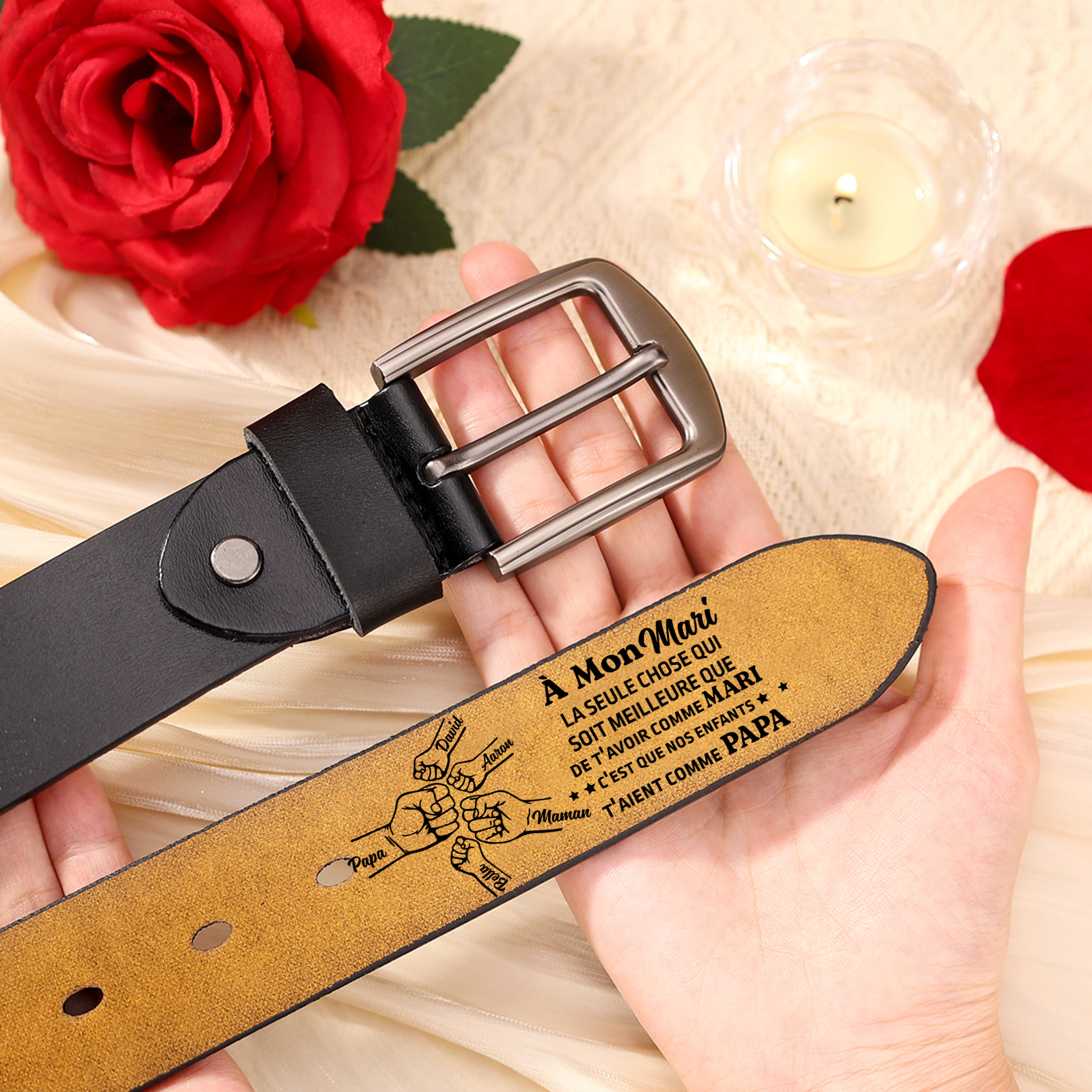 À mon Mari - Ceinture Poing en Cuir Personnalisé avec 5 Prénoms Cadeau pour Homme | Jessemade